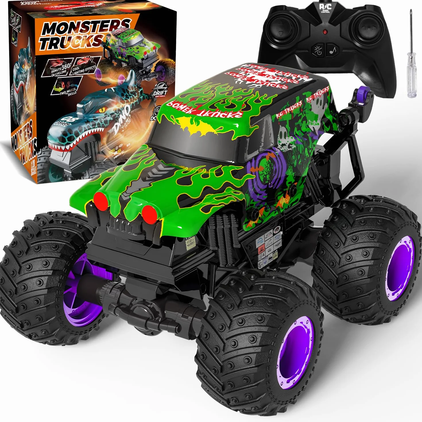 Monster Truck zdalnie sterowany, 20 km/h, Monster Truck ze światłem i muzyką, 2,4 GHz zdalnie sterowany samochód z obrotem 360°, 1/20 Monstertruck z 100 min, 3 4 5 6 7 8 lat chłopiec