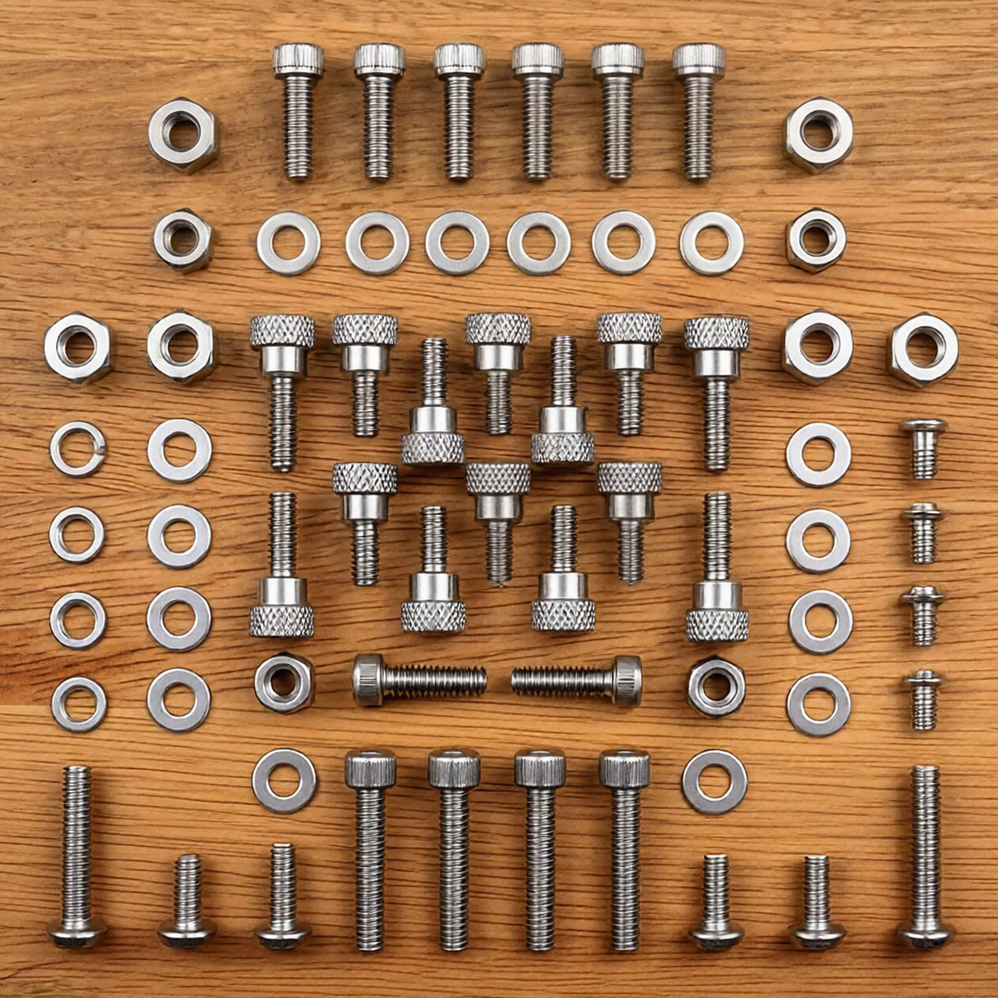 PrecisionGeek® Śruby radełkowane M4 ze stali nierdzewnej AISI 303 – z kołnierzem – 10 mm – łeb płaski – śruby kciukowe do metalu, drewna i akrylu – zestaw 10 sztuk
