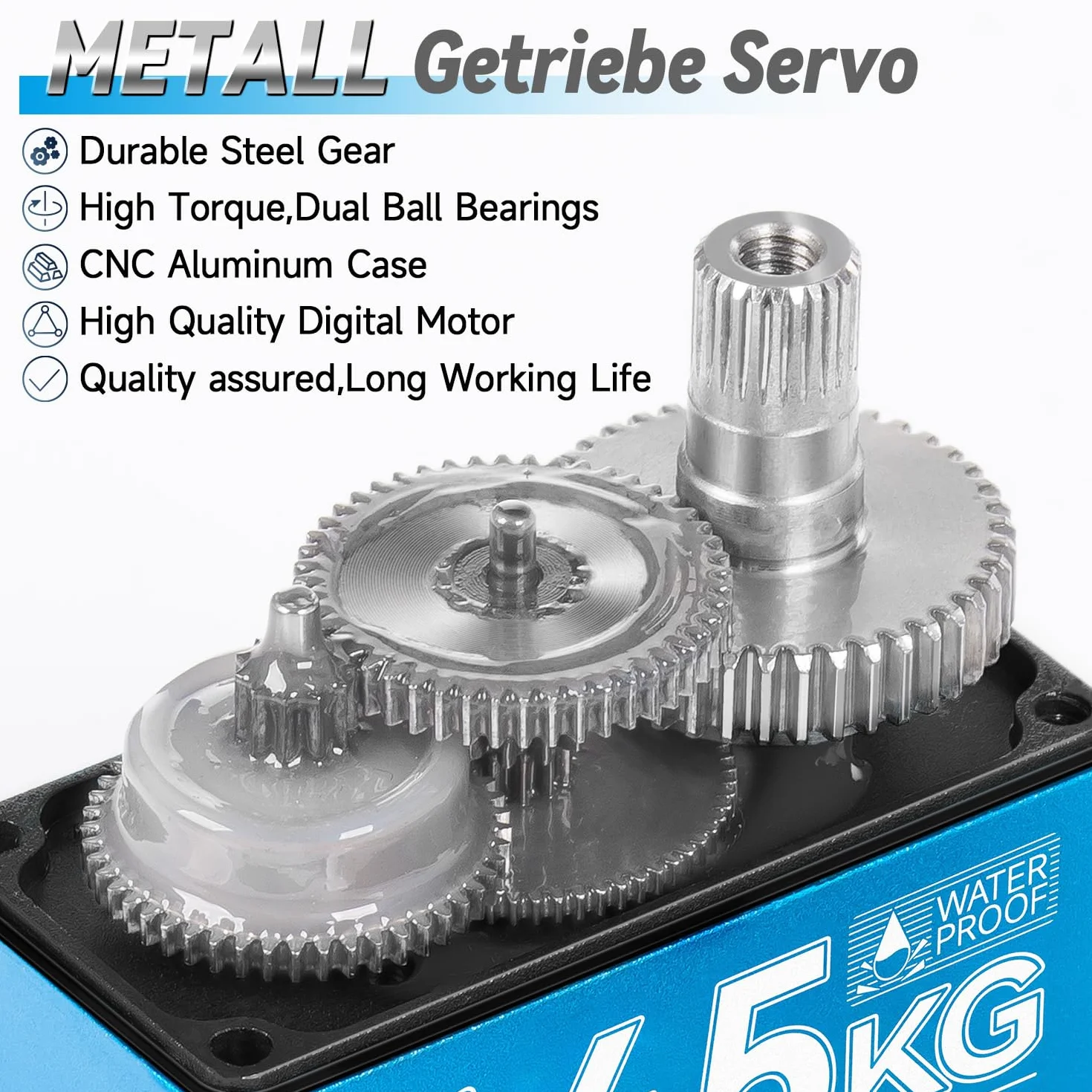 Miuzei RC Servo 45KG 270° bezrdzeniowy silnik cyfrowy serwo wysoki moment obrotowy w pełni metalowa skrzynia biegów do samochodu 1/8 1/10 1/12 ramię robota łodzi wodoodporna 4,8-6,0-8,4 V przekładnia