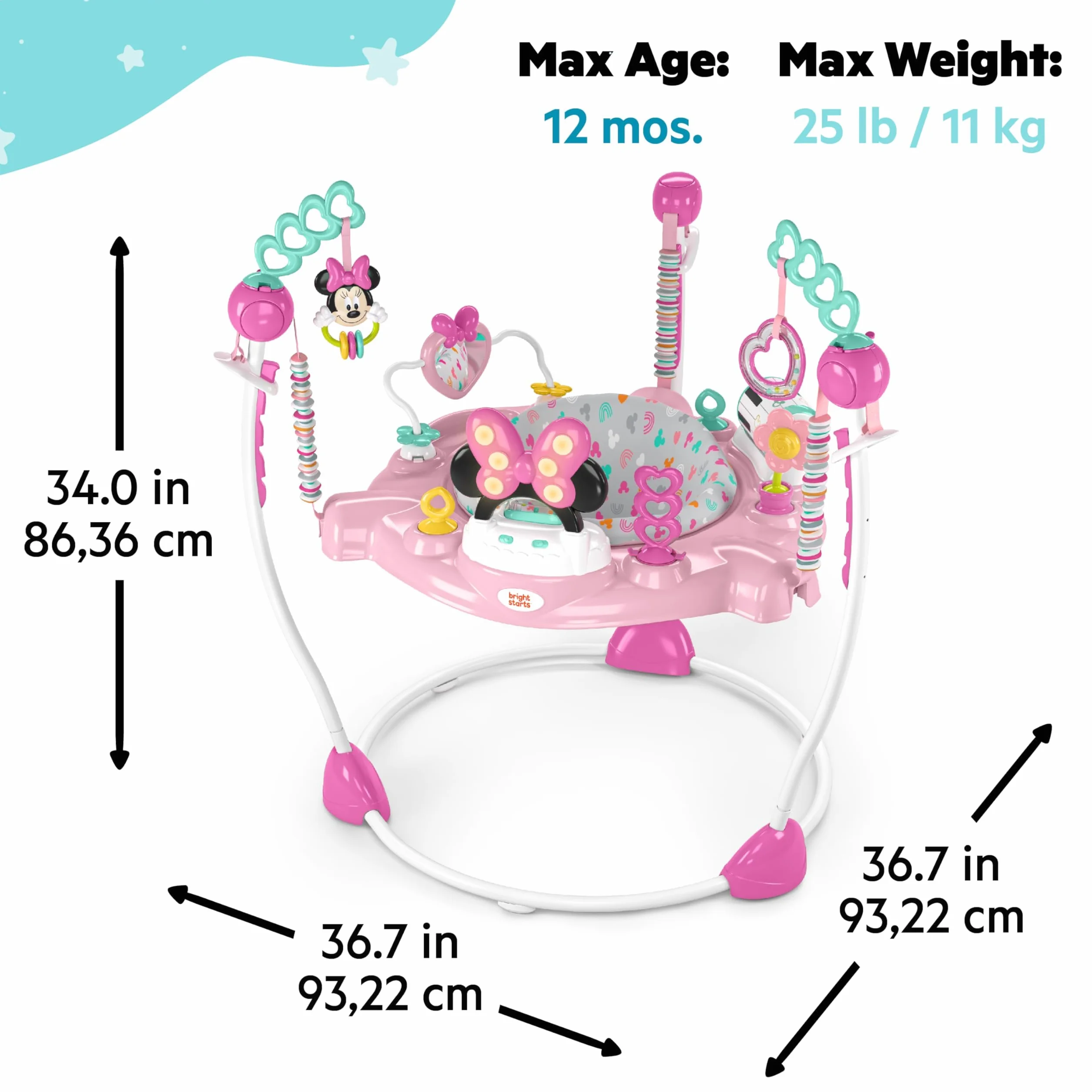 Bright Starts, Disney Baby, Minnie Mouse Forever Bestie, Skoczek i atrakcje - z lampkami i piosenkami, dzieci od 6 miesięcy +