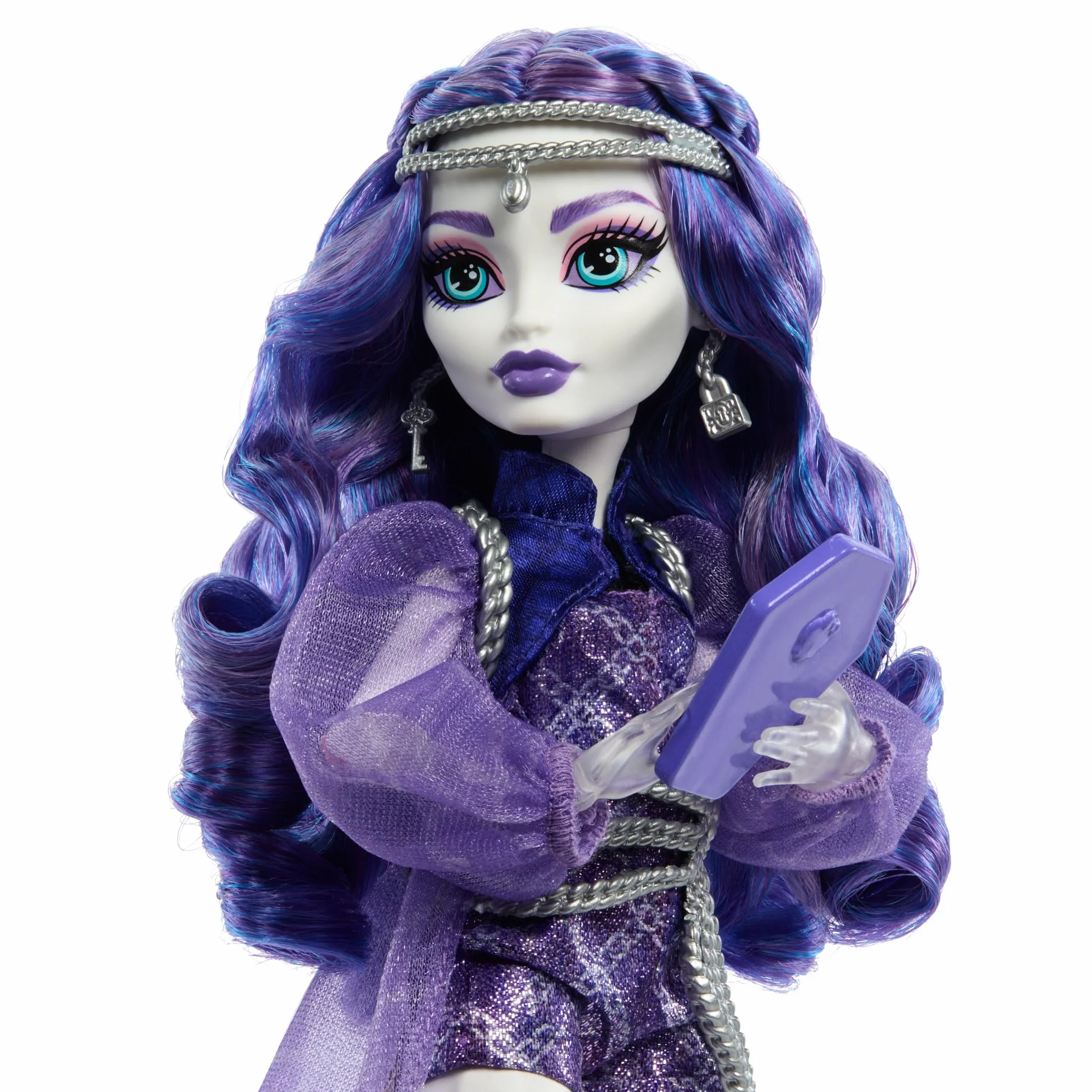 Monster High Spectra Vondergeist Lalka + zwierzątko Rhuen oraz akcesoria, takie jak plecak, „tablet” i „przekąski”, HXH77