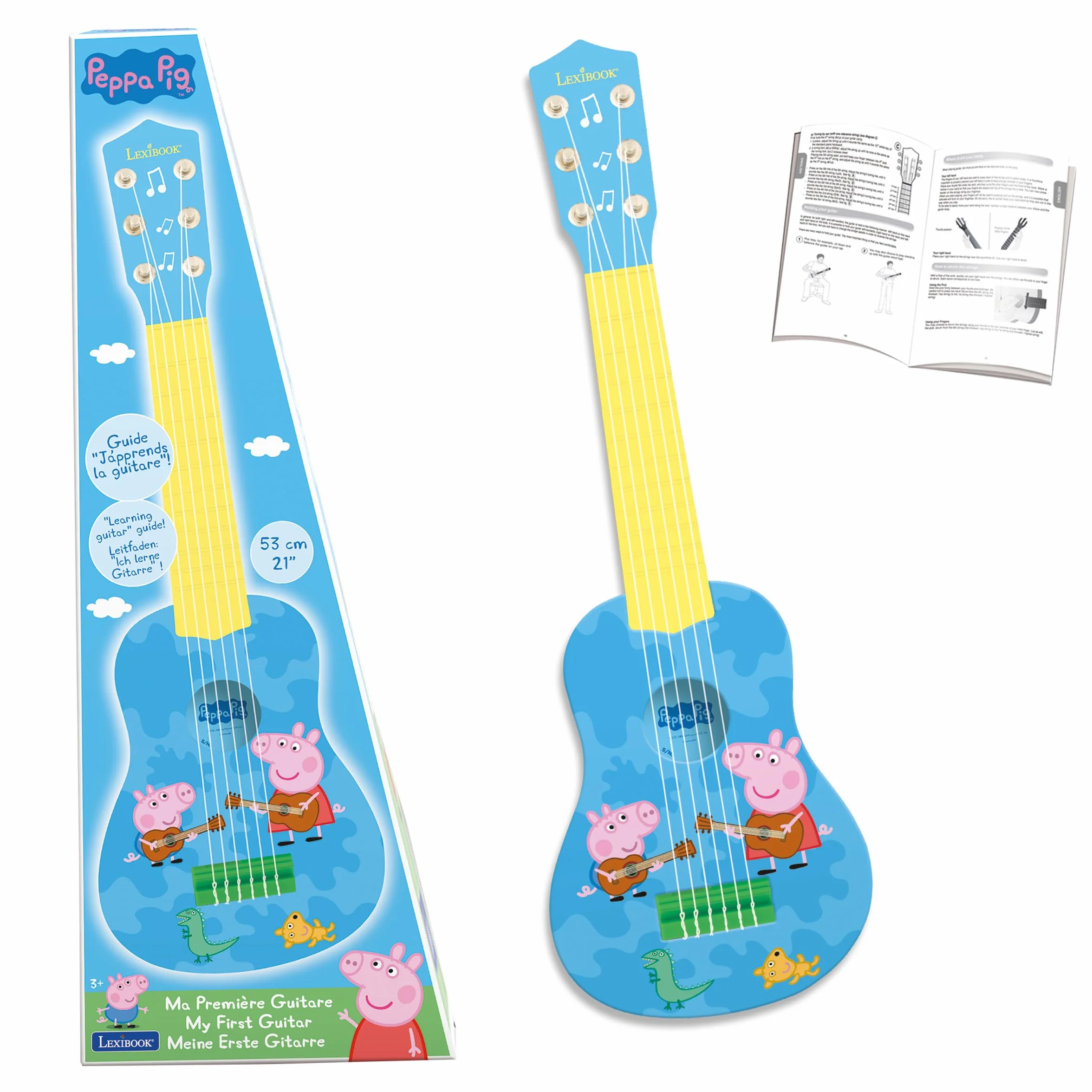 Lexibook Peppa Pig Georges My First Guitare, 6 Strun Nylonowych, 53 cm, Przewodnik w Zestawie, Niebieski, Żółty, K200PP, 53 cm