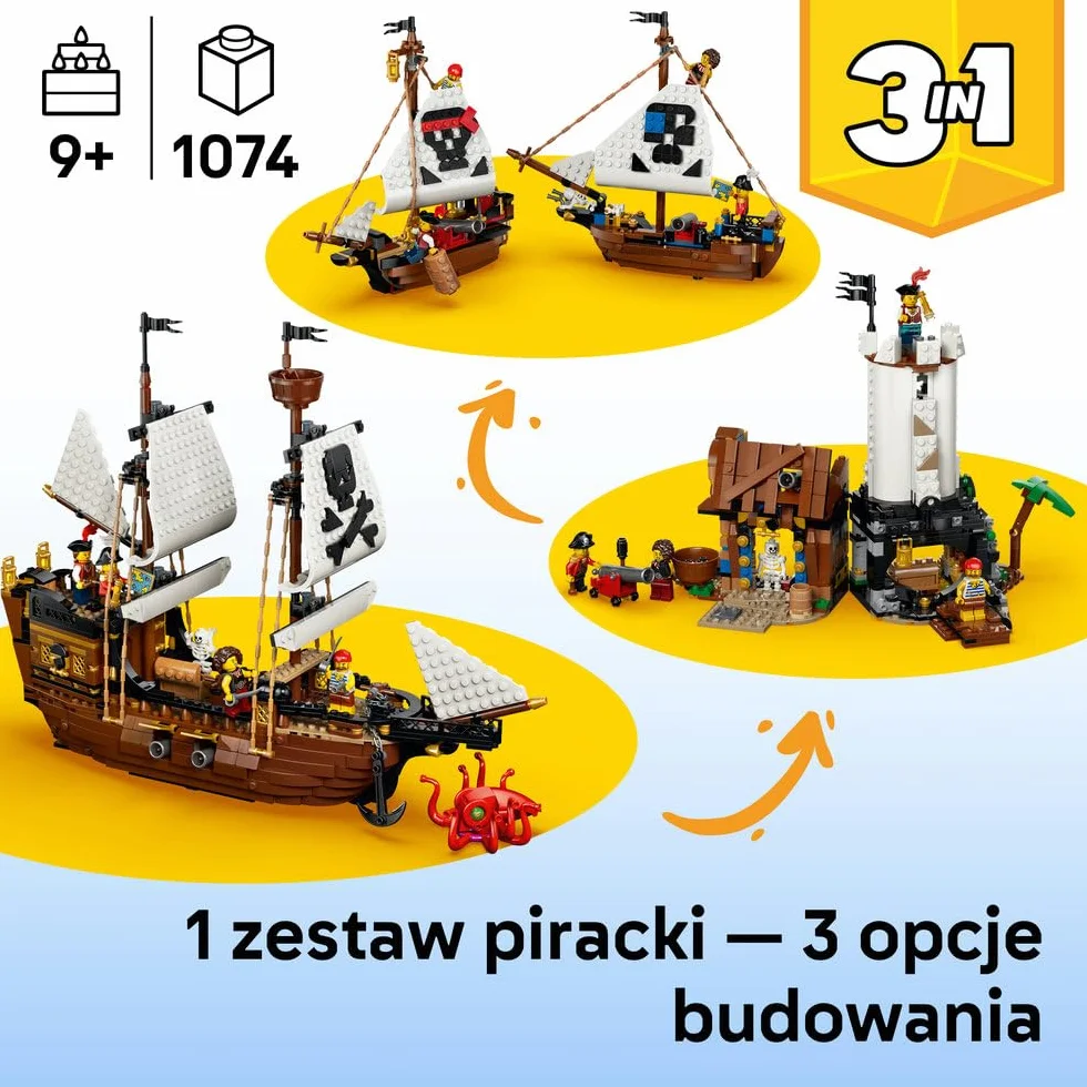 LEGO Creator 3 w 1 Legendarny statek piracki, zabawka konstrukcyjna dla chłopca lub dziewczynki, możliwość przebudowania na zamek lub bliźniacze statki, prezent dla dzieci w wieku od 9 lat 31387