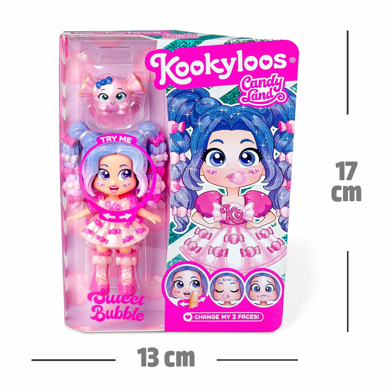 KOOKYLOOS Candy Land Series SWEET BUBBLE – laleczka do kolekcjonowania z serii Candy Land, zawartość: 1 lalka, zestaw ubrań i butów, akcesorium oraz zwierzątko,1 lalka ma 3 różne buzie!