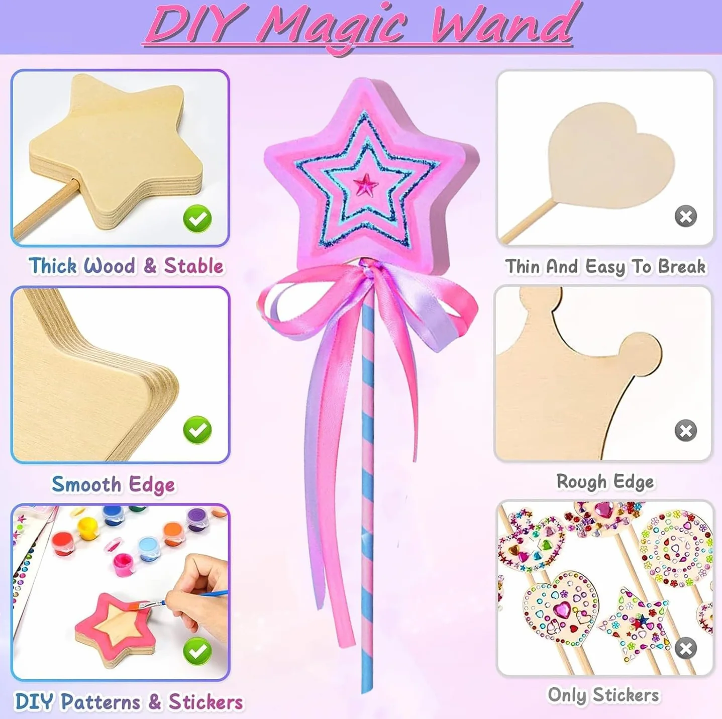 GUOYOU 27 sztuk Magiczna Drewniana Różdżka Księżniczka Różdżka Wróżdżka dla Dzieci Zestaw Rzemiosła Dziewczyny Drewniane DIY Rzemiosło Magiczne Różdżki Wróżki do Malowania