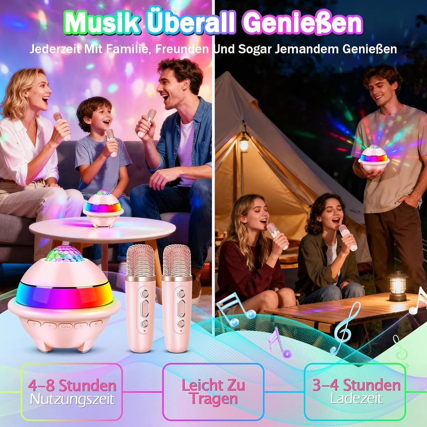 JONRRYIN Zestaw do karaoke z 2 mikrofonami, przenośna maszyna do karaoke Bluetooth dla dzieci ze światłem dyskotekowym i 5 efektami dźwiękowymi, głośnik Bluetooth dla dzieci, muzyka, prezent na Boże