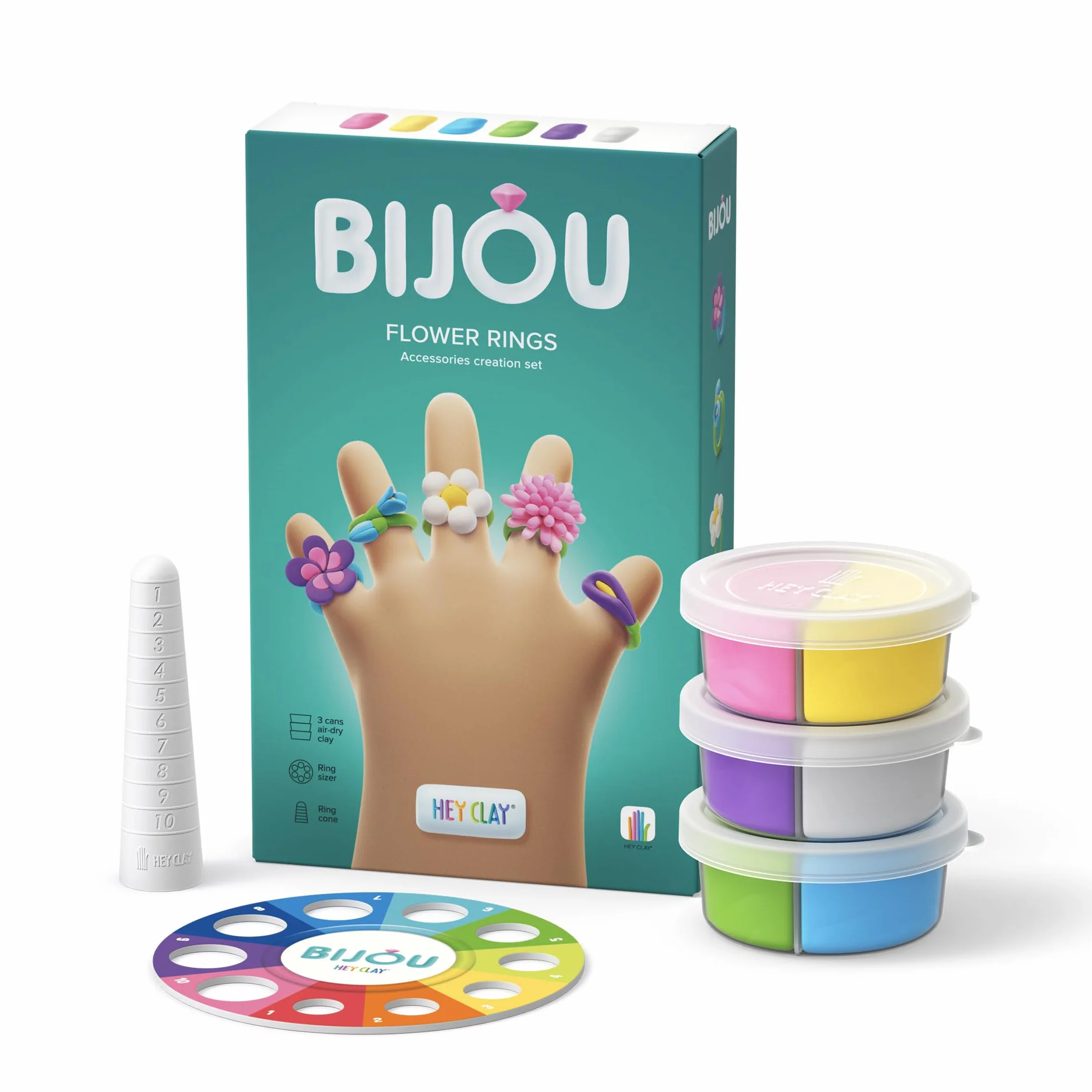 HEY CLAY Bijou Rings - Zestaw glinianych akcesoriów do majsterkowania - Glina suszona na powietrzu z narzędziami i interaktywną aplikacją dla dzieci w wieku 4-8 lat (floral nels)