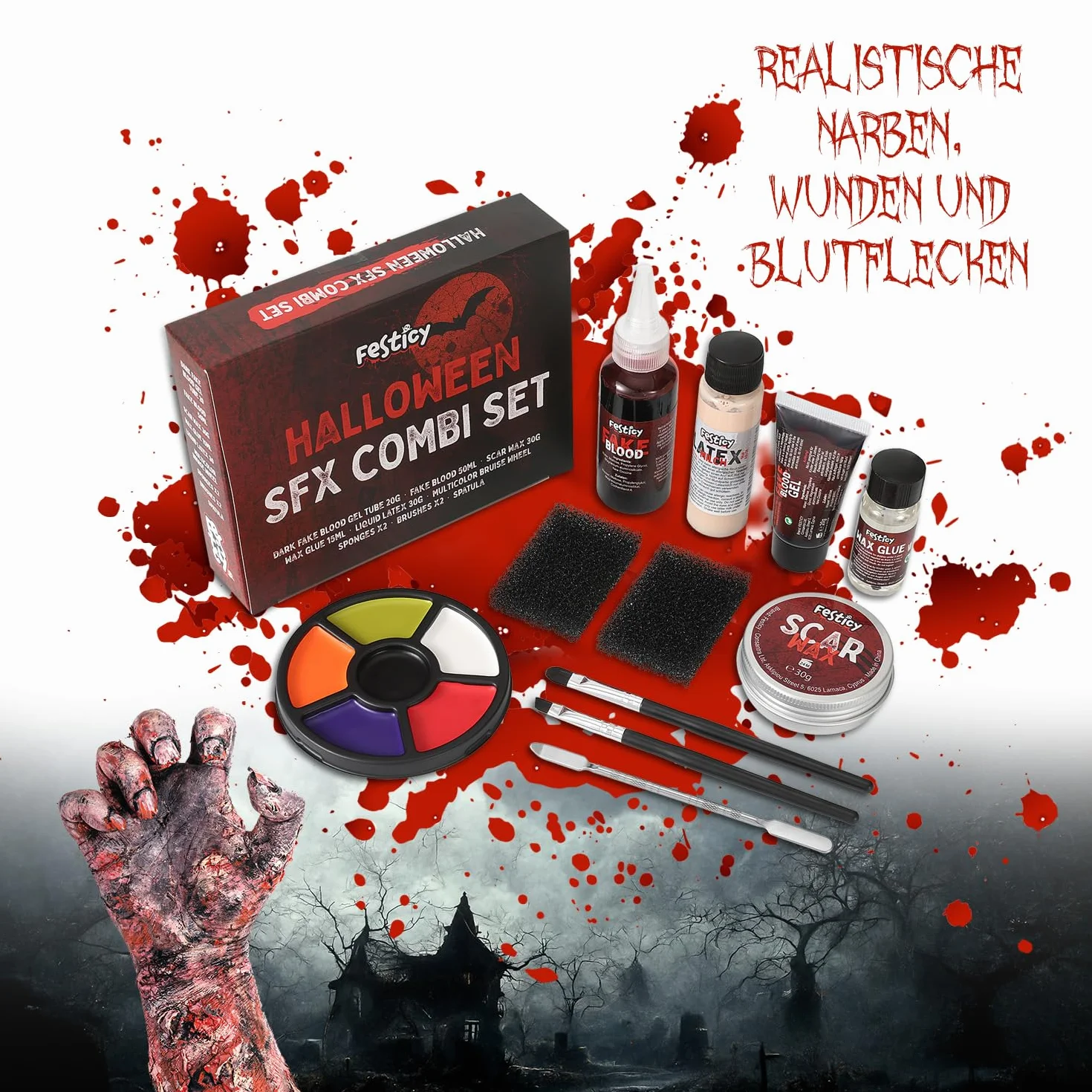 Festicy Specjalny zestaw do makijażu na Halloween, SFX, kompletny zestaw ze sztuczną krwią, lateksem, woskiem do blizn i akcesoriami, sztuczna krew do skóry i ubrań, na Halloween, do przerażających
