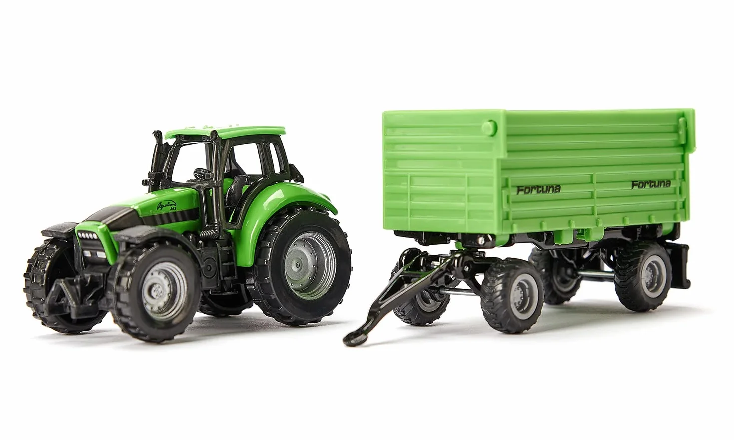 Siku 1606, Traktor DEUTZ-FAHR z 2-osiową przyczepą Fortuna, Zabawkowy traktor, Metal/plastik, Zielony, Zdejmowana kabina, Przechylna skrzynia, Przyczepa z gumowymi kołami, Zaczep