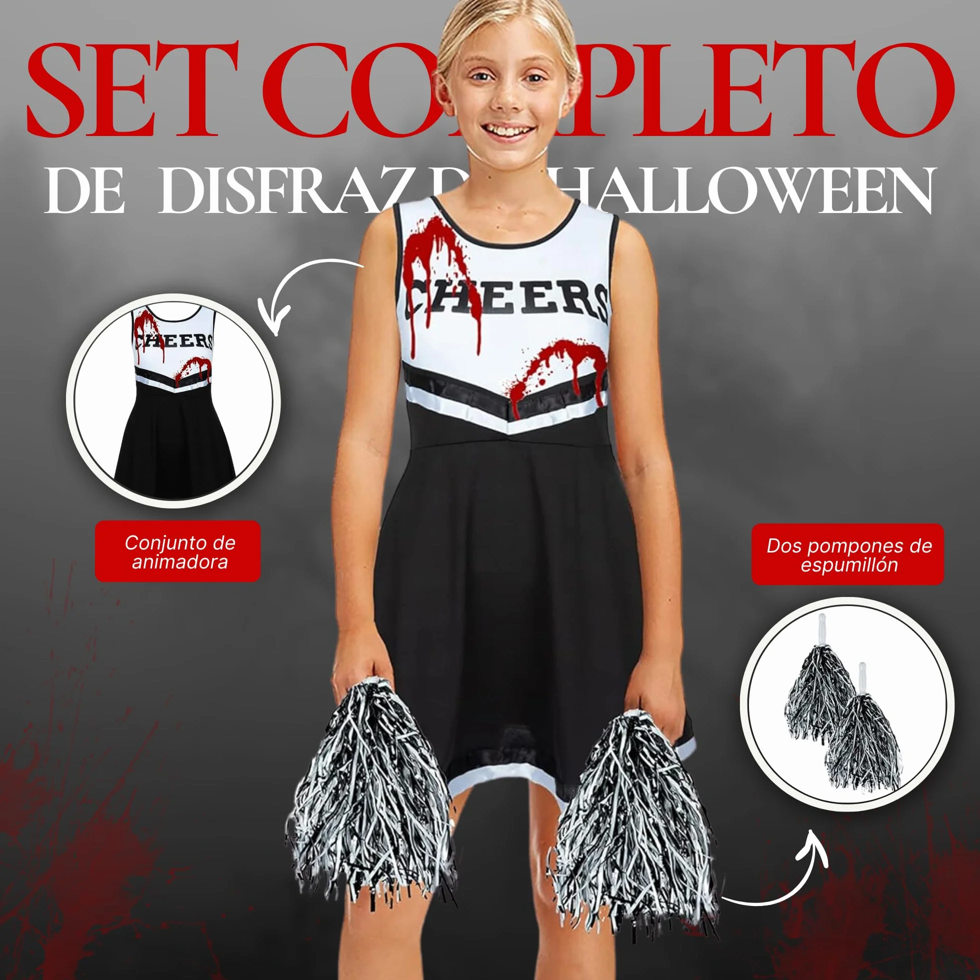 REDSTAR Dziewczyny Halloween Zombie Cheerleader Dead fantazyjny kostium dla dzieci uczennica upiorne dziecko zombie z tubą sztucznej krwi - kostiumy na Halloween imprezy