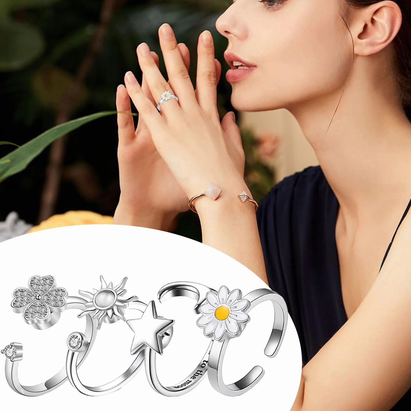 Fidget Rings, Spinner Jewelry, Fidget Rings do ?agodzenia stresu, 4-cz??ciowy zestaw z motywami ksi??yca, s?o?ca i kwiatów, ?atwe w u?yciu ?dzie do modowania, stylowe akcesoria dla dziewcz?t, nast