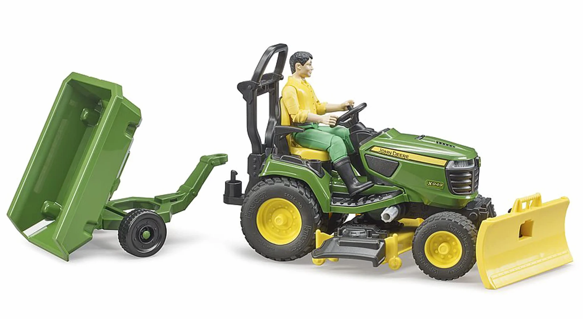 bruder 62104 - Bworld John Deere Traktor ogrodowy z przyczepą i ogrodnikiem - 1:16 Traktor, kosiarka, przyczepa, gospodarstwo, mężczyzna, zabawka figurkowa, pracownik, rolnik