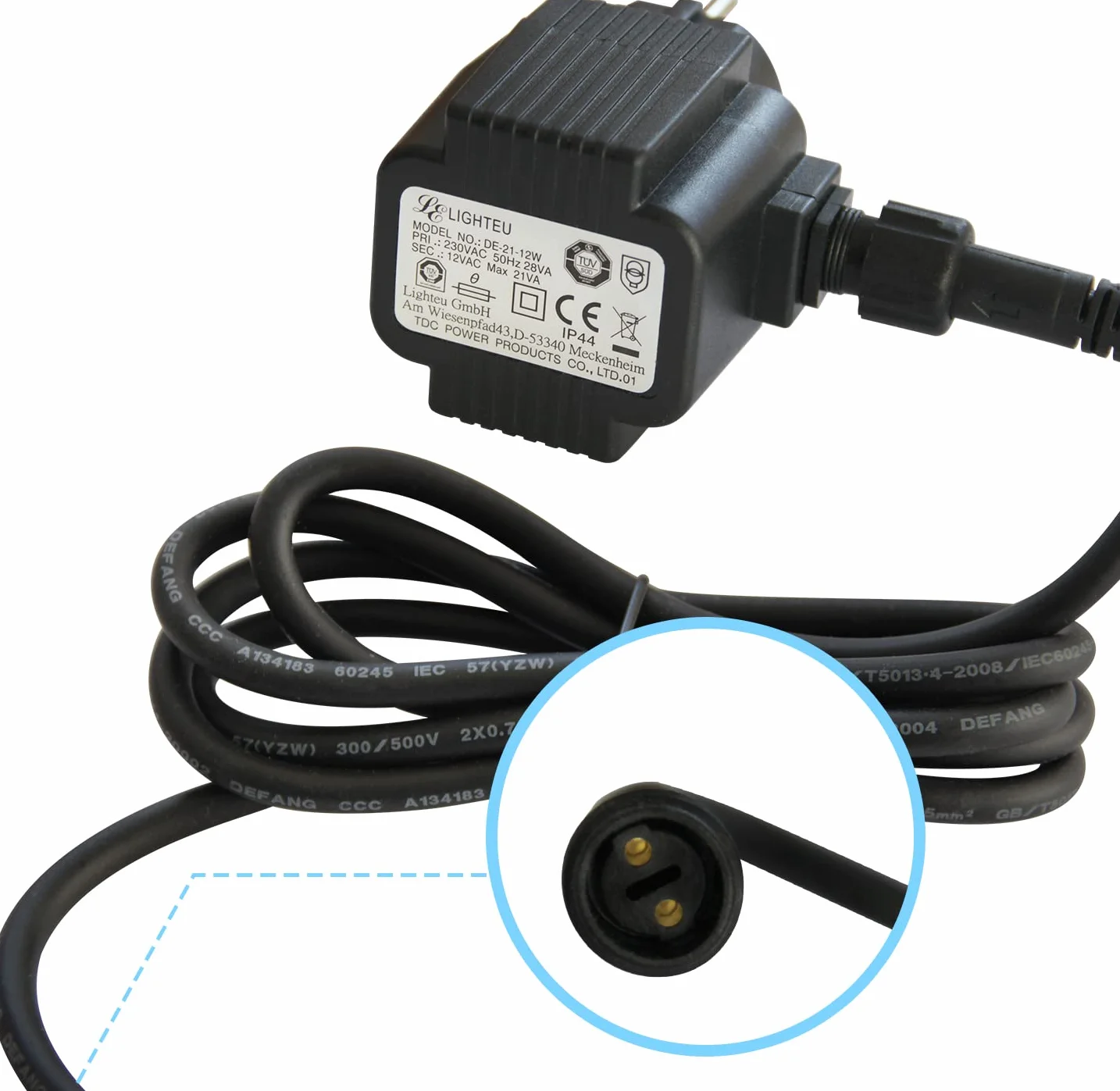 LIGHTEU, Adapter AC/AC TDC DE-21-12 W Zasilacz sieciowy 12 V AC 1,75 Amp 21 VA Transformator z przedłużaczem IP44