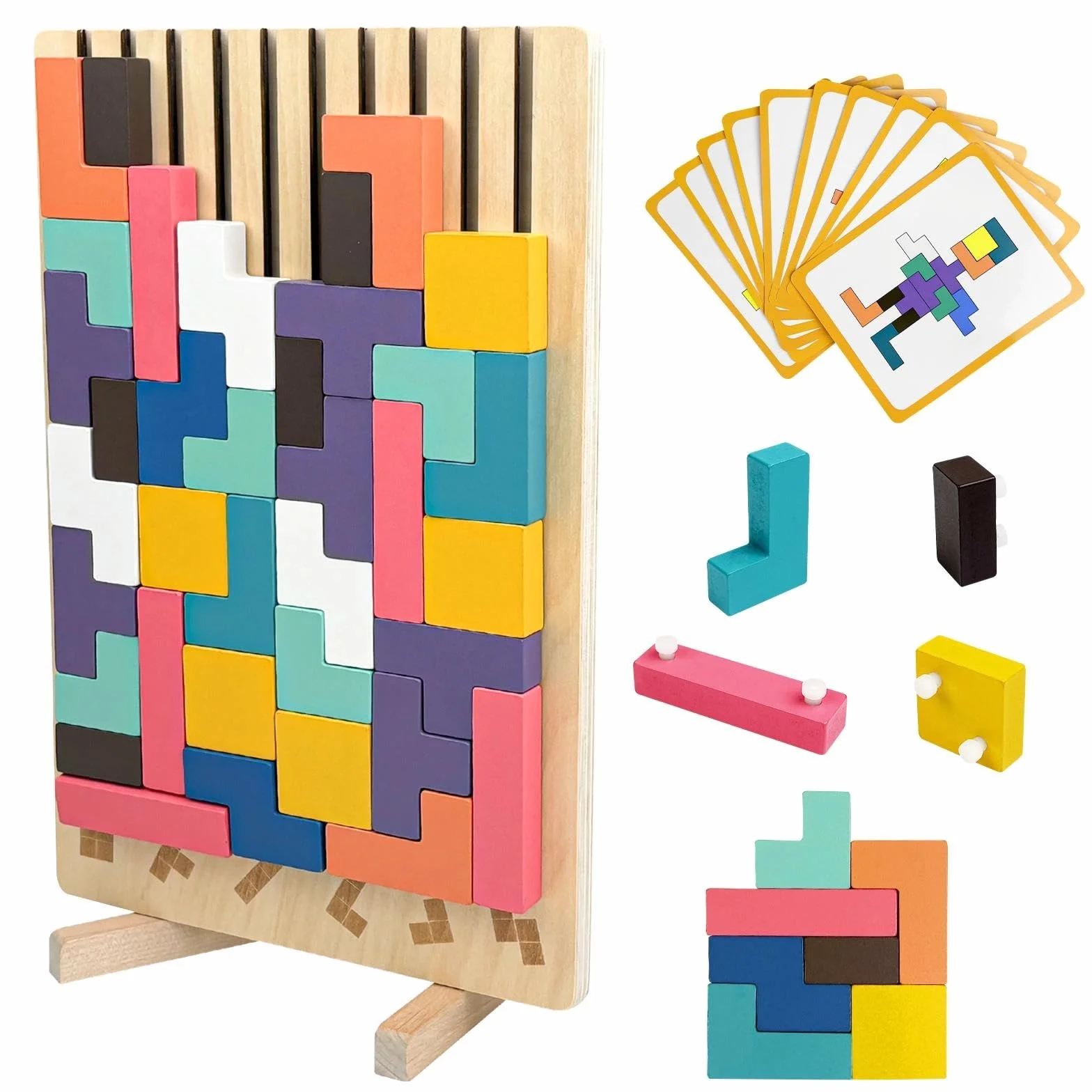 Drewniane puzzle Tetrs, geometryczne bloki
