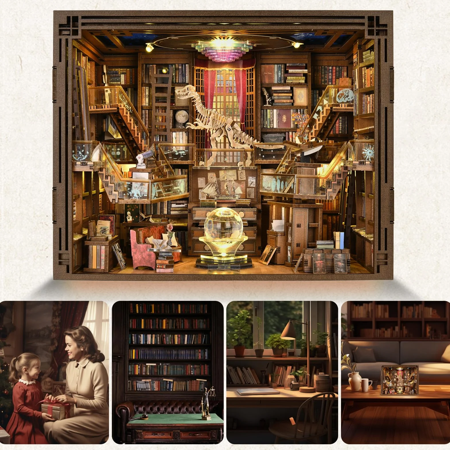 MiniCity Zestaw Book Nook, miniaturowy domek dla lalek 3D DIY, drewniane puzzle 3D, z dekoracją, ze światłem LED, dla nastolatków i dorosłych (Beyond Library Max)