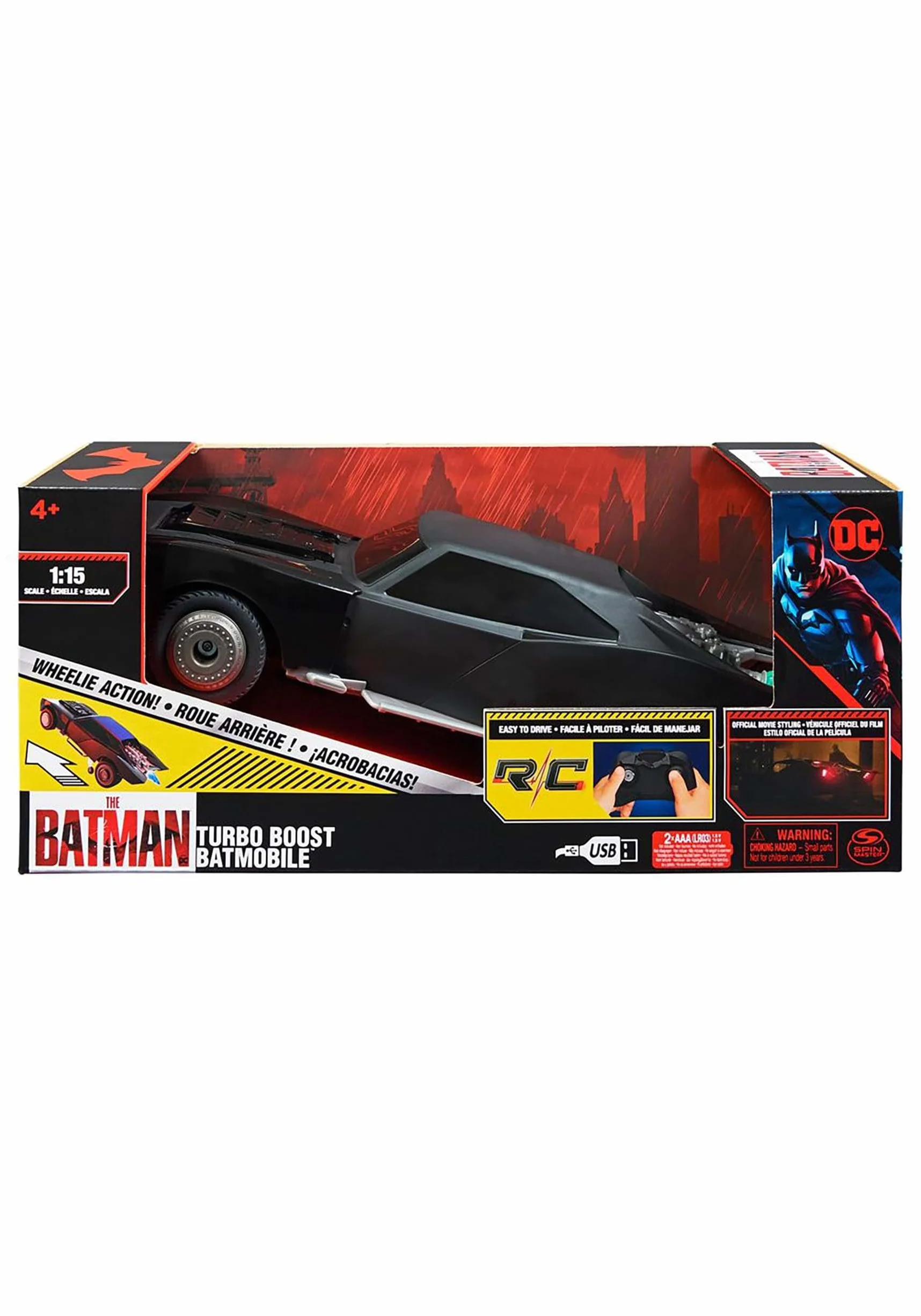 Spin Master Turbo Boost Batmobile Batman Auto Zdalnie Sterowane, Czarny, Skala 1:15