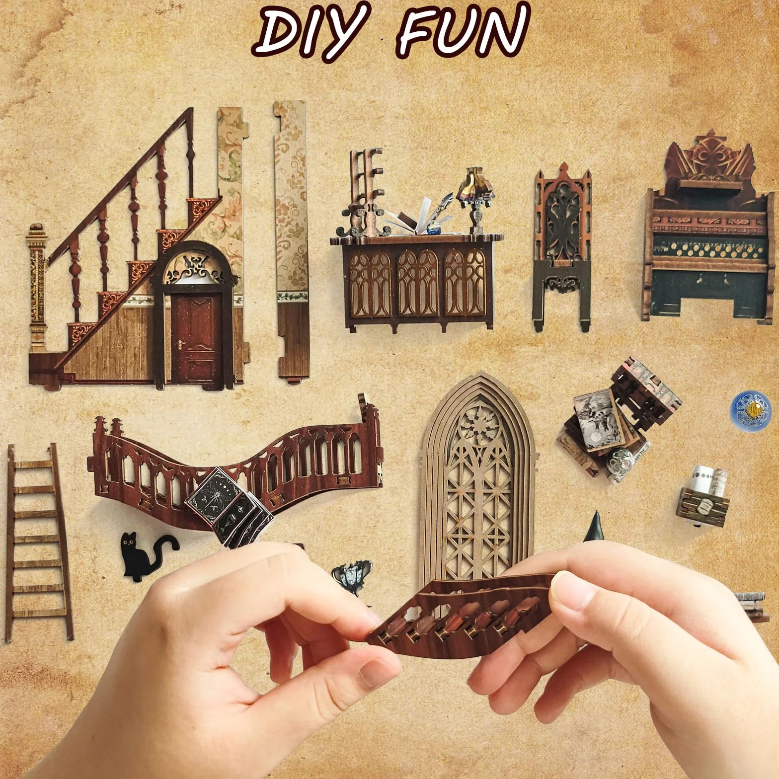 Kącik do książek DIY zestaw, MOJINO domek dla lalek drewniany narożnik do książek miniaturowy zestaw domowy z meblami i światłem LED magiczny świat puzzle 3D drewniane (magiczny świat)