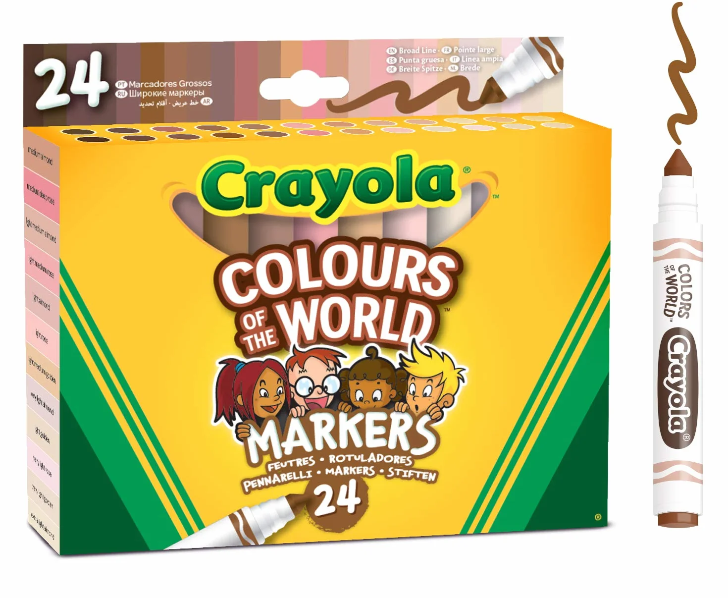 CRAYOLA Kolory świata, zmywalne markery, różne kolory (24 szt.) | kolory reprezentujące odcienie skóry z całego świata, idealne dla dzieci w wieku od 3 lat