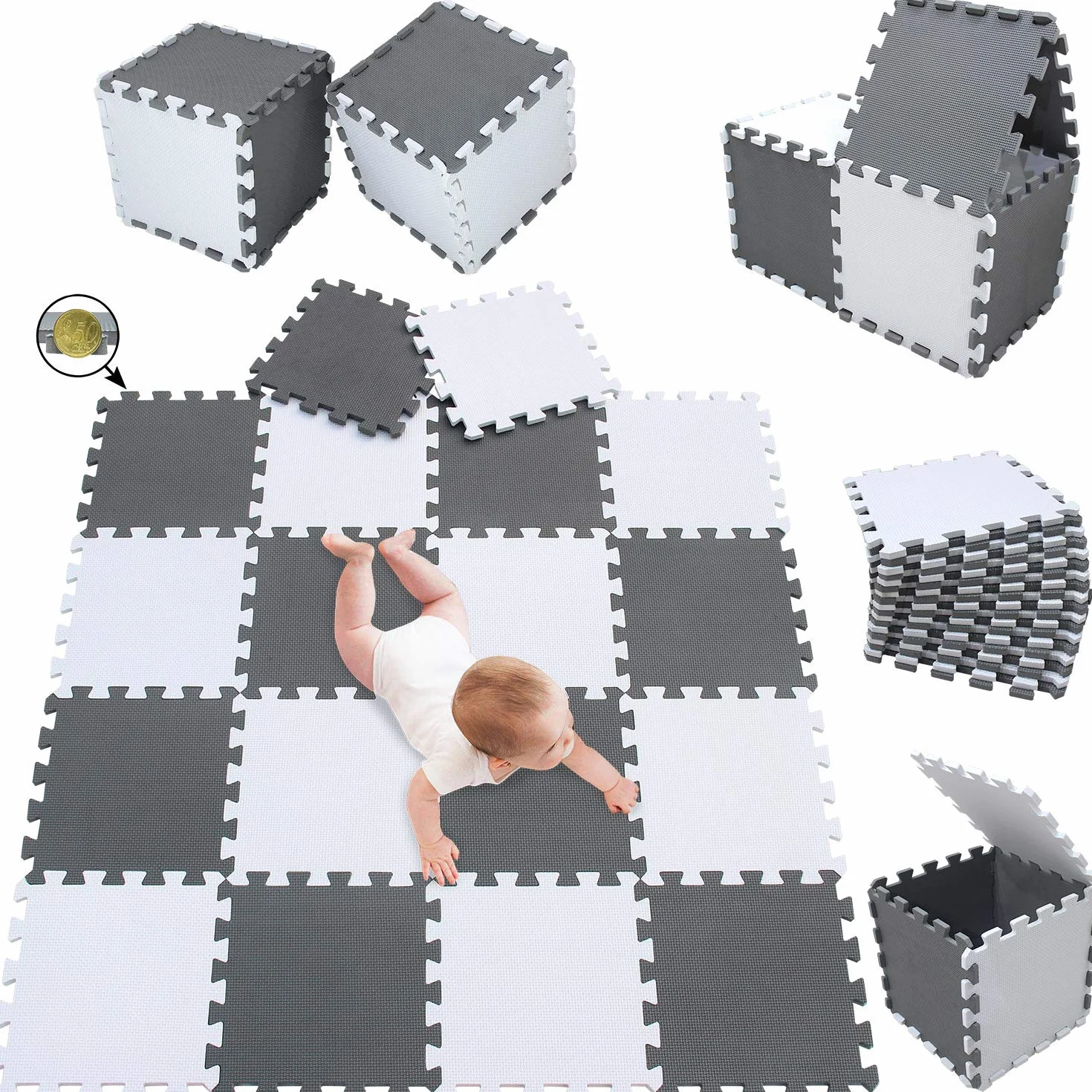 Meiqicool Mata do Zabawy Piankowa Puzzle dla Dzieci Biała i Szara 0112