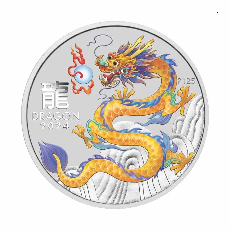 Generisch 1 uncja srebrna moneta Australia Lunar III smok żółty 2024 Yellow Dragon - 1 Oz Silver Coin srebrna moneta kolekcjonerska BU Color