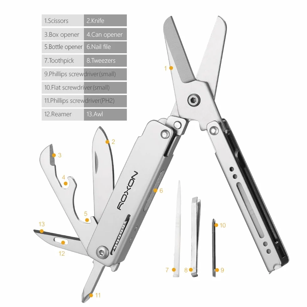 ROXON M3 13 w 1 Multi Nożyczki EDC z wykałaczką i pincetą Praktyczne małe i wykwintne