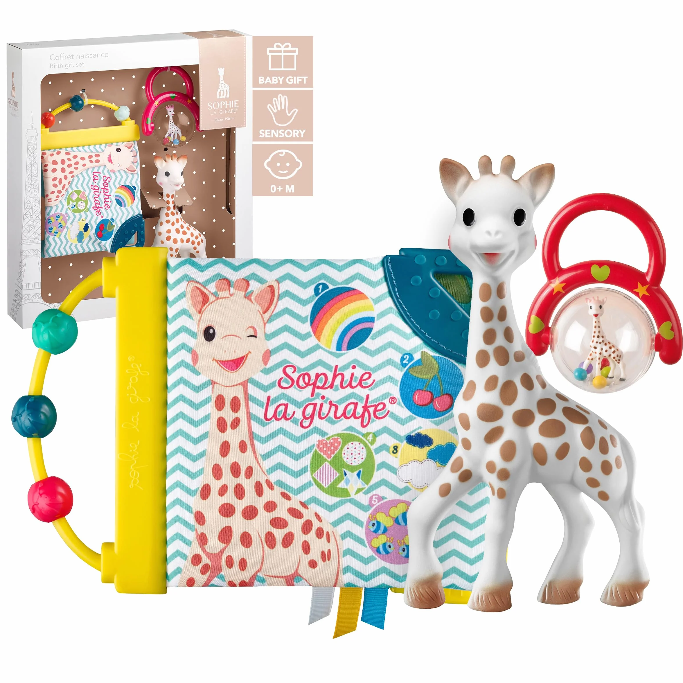 Sophie la girafe Zestaw upominkowy dla dzieci, zawiera Sophie la girafe, książkę z przebudzeniem, grzechotkę z rączką, zaprojektowany dla ząbkujących niemowląt, obudzić wszystkie 5 zmysłów, łatwy do