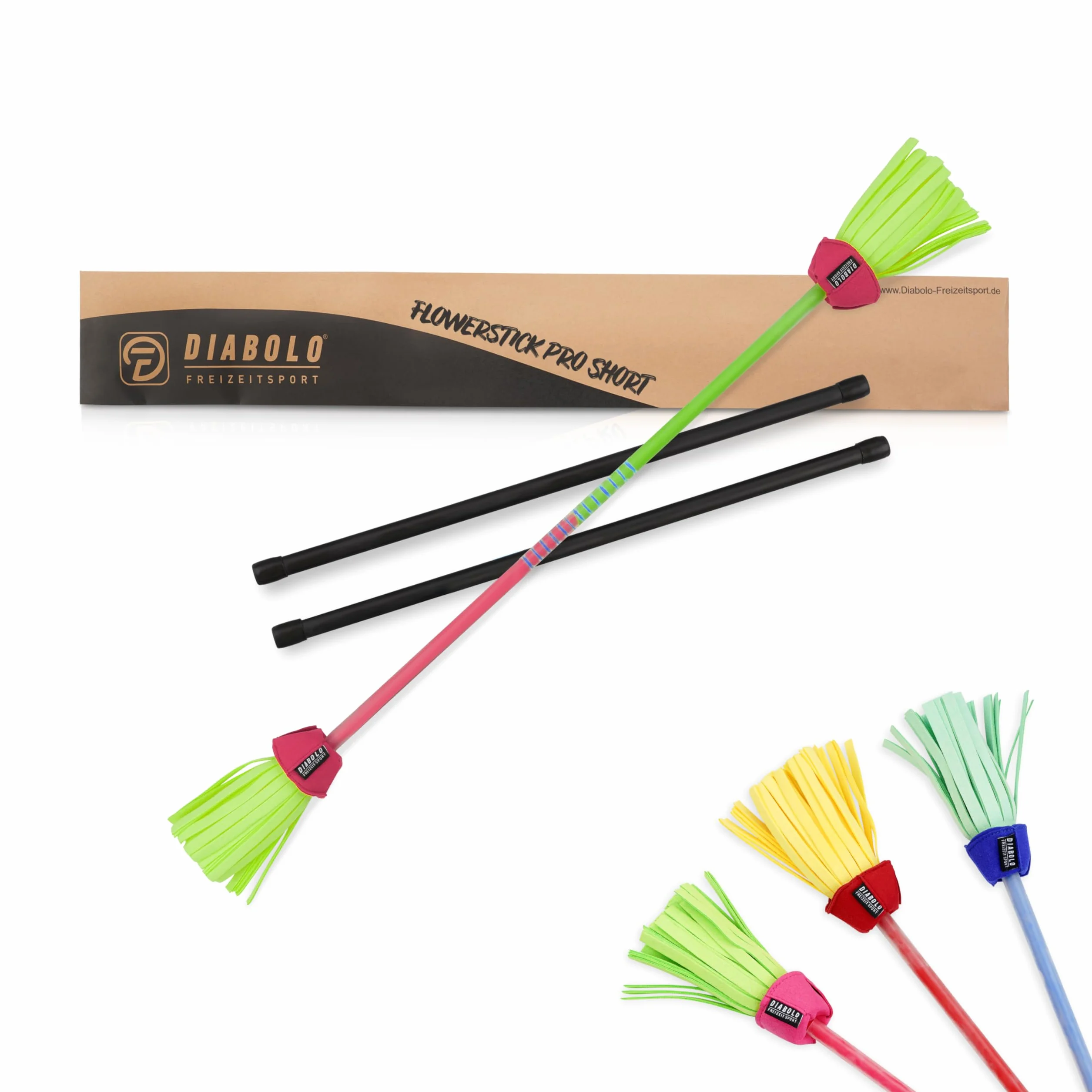 Diabolo Freizeitsport Flowerstick Pro Short (zielono-różowy) – krótki kij kwiatowy z włókna szklanego, w zestawie 2 pałeczki, reaktywne UV, ręcznie malowane, przyciąga wzrok, idealny dla