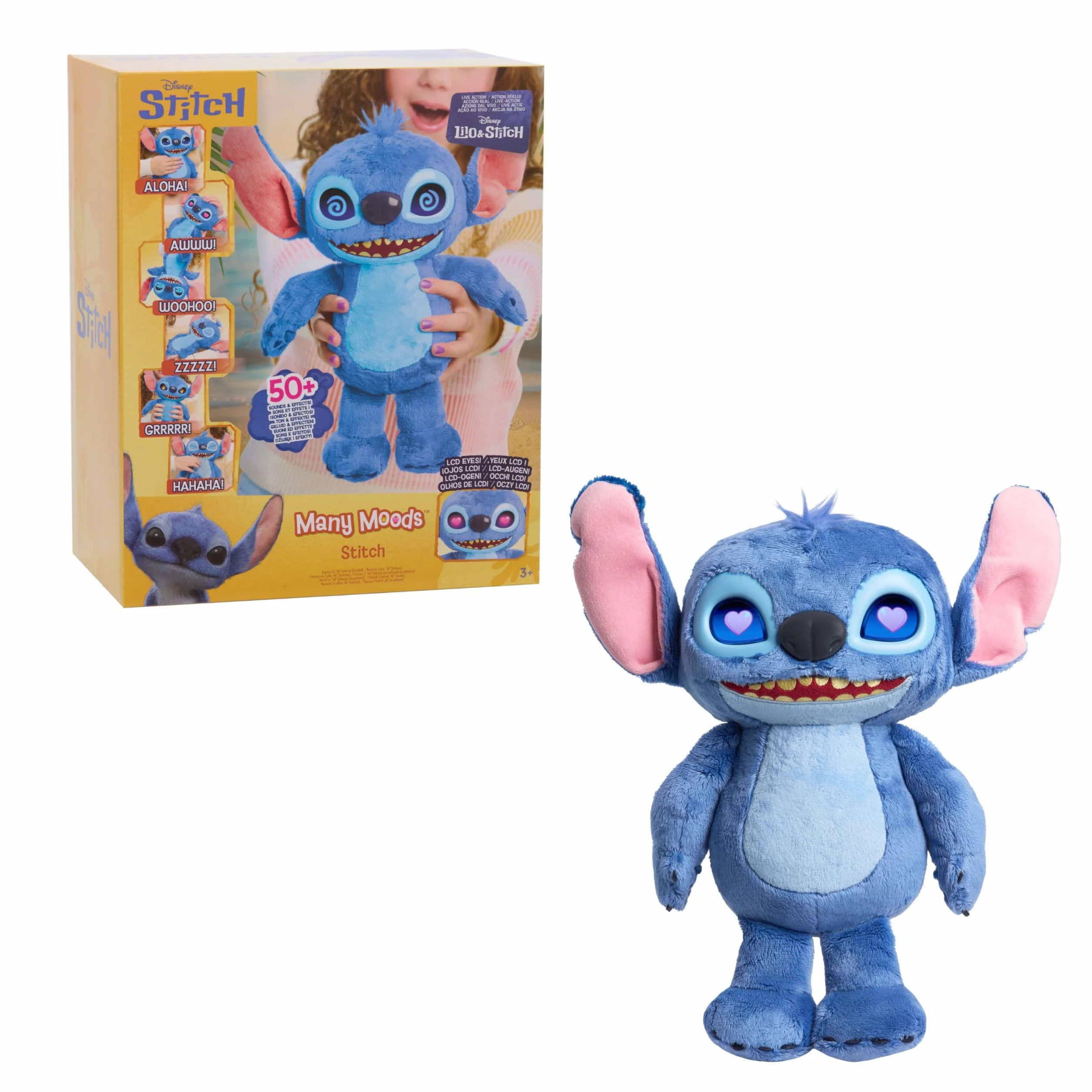 Disney Stitch Many Moods 14-inch Interactive Plush, 50+ sounds & phrases, LCD Eyes, inspired by Disney's new live-action Lilo & Stitch movie, Toy for Fans, Girls, Boys, Kids 3+ by Just Play