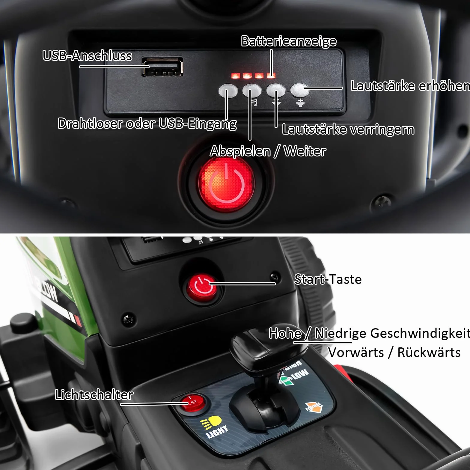 COSTWAY Traktor 12 V, 3-biegowy ze zdejmowaną przyczepą i pilotem zdalnego sterowania 2,4 G, traktor do siedzenia dla dzieci ze światłami LED, muzyka, klakson i funkcje USB, odpowiedni dla dzieci od 3