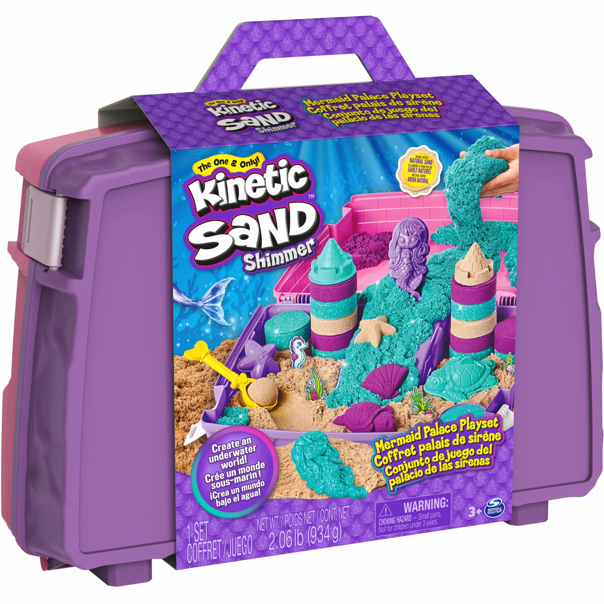 Kinetic Sand, Zestaw do zabawy w pałacu syrenki, 0,9 kg połyskującego piasku do zabawy, składana piaskownica wielokrotnego użytku i narzędzia, zabawki sensoryczne dla dzieci w wieku od 3 lat