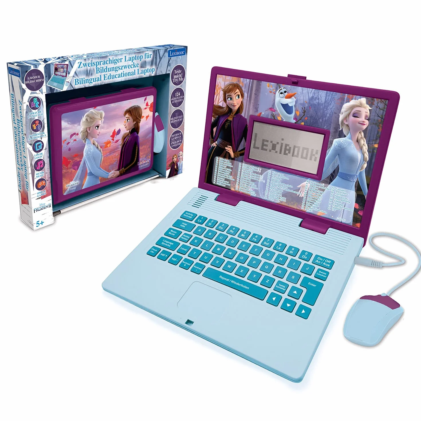 Lexibook - Disney Frozen 2 Edukacyjny i Dwujęzyczny Laptop Niemiecki/Angielski Zabawka z 124 Aktywnościami do Nauki Grania w Gry i Muzyki, Niebieski/Fioletowy, JC598FZi3