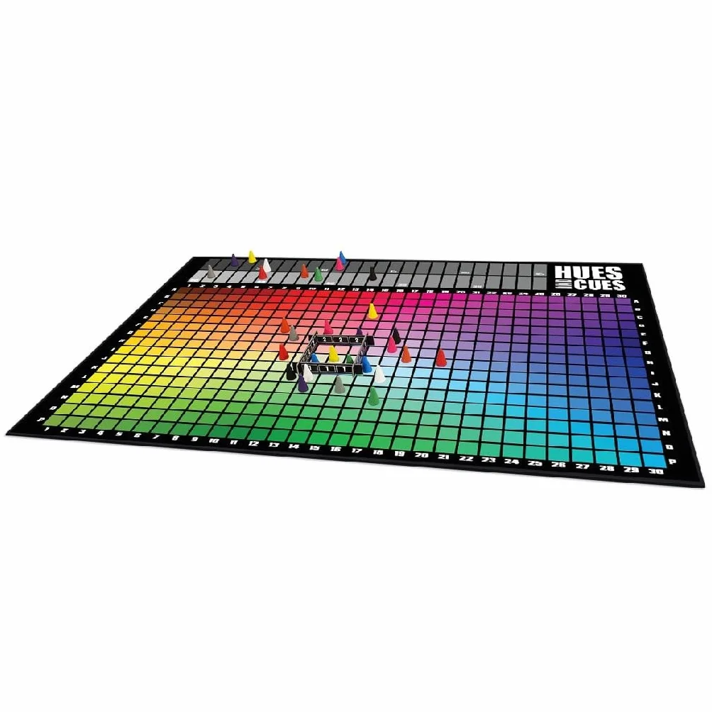 The OP Usaopoly | Hues and Cues Gra Planszowa Wielojęzyczna dla Całej Rodziny | Gra Imprezowa dla 3-10 Graczy | Żywe Zgadywanie Kolorów | Łącz Wskazówki z 480 Kolorowych Kwadratów