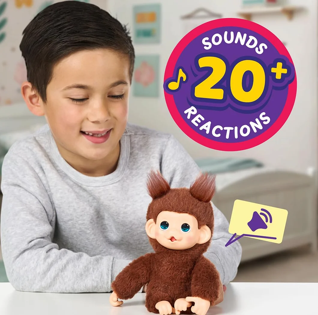 Little Live Pets Baby Monkey Minis – Chikki Cherry. Interaktywna zabawka dla zwierząt domowych. Ponad 20 dźwięków i reakcji. Miękkie brązowe futro. 18,8 cm wysokości. Super realistyczny. Karmić
