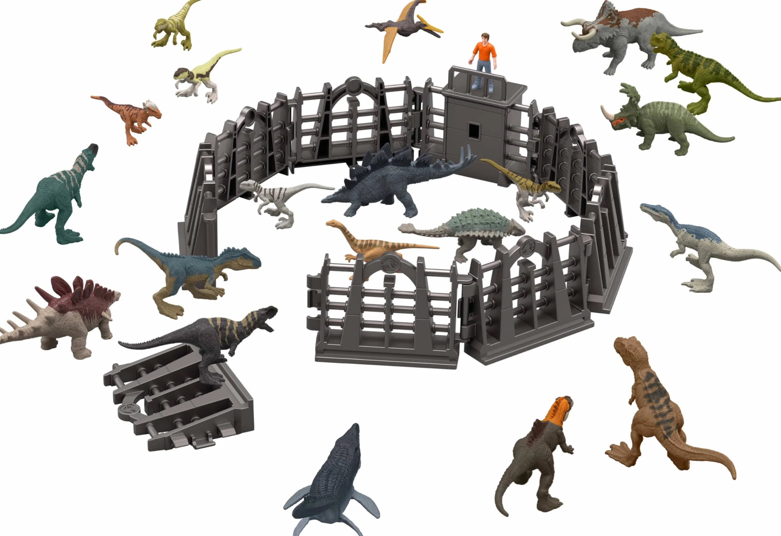 Mattel Jurassic World: teoria chaosu 2024 świąteczny kalendarz adwentowy z odliczaniem 24 dni, 30 zabawkowych niespodzianek związanych z dinozaurami, 20 mini dinozaurów, 1 człowiek, 9 sztuk ogrodzenia