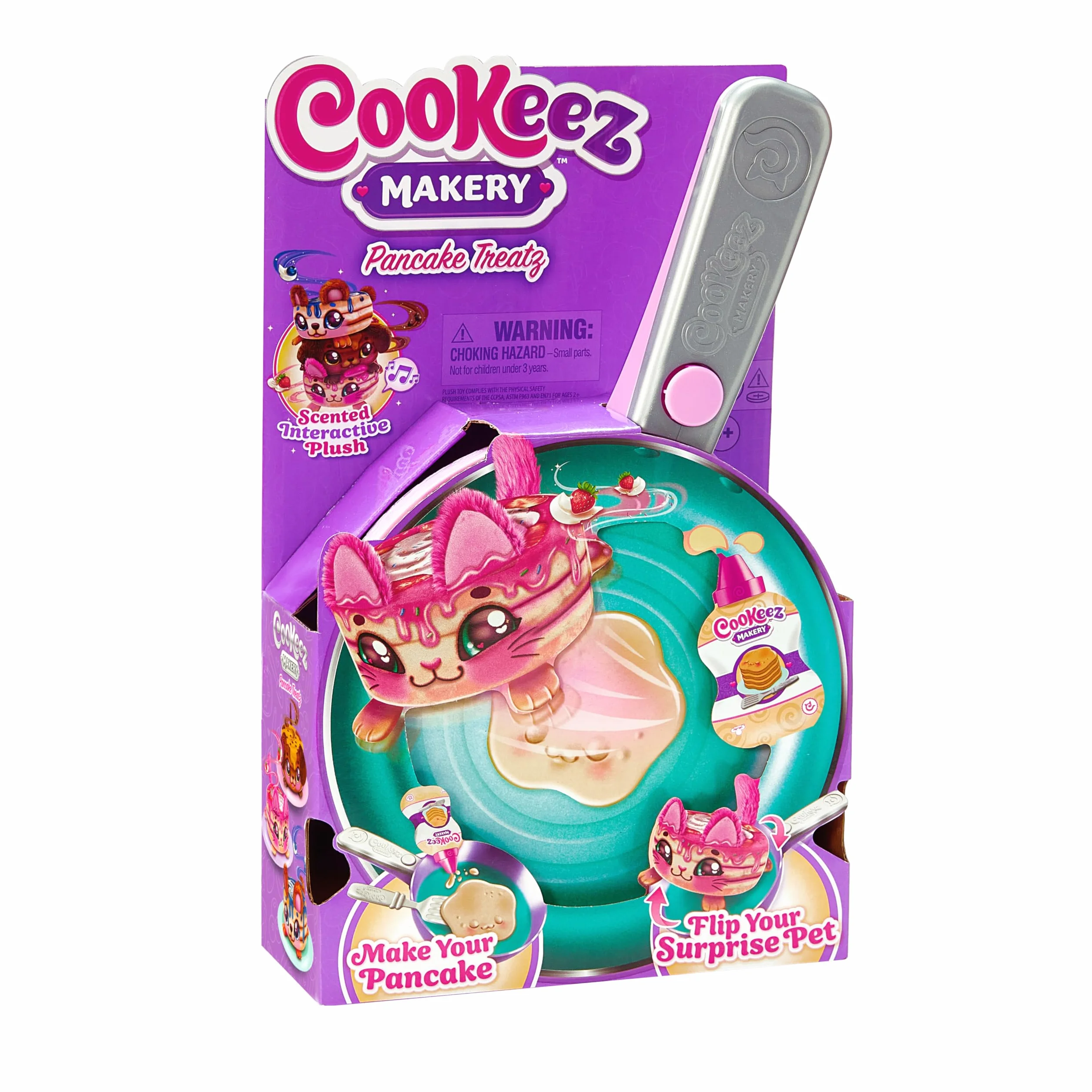 COOKEEZ MAKERY Pancake Treatz Mix and Tur! Wlej ciasto na patelnię i baw się dobrze, patrząc, jak twój interaktywny i pachnący pluszowy przyjaciel obraca się! Jaką niespodziankę zamierzasz przygotować