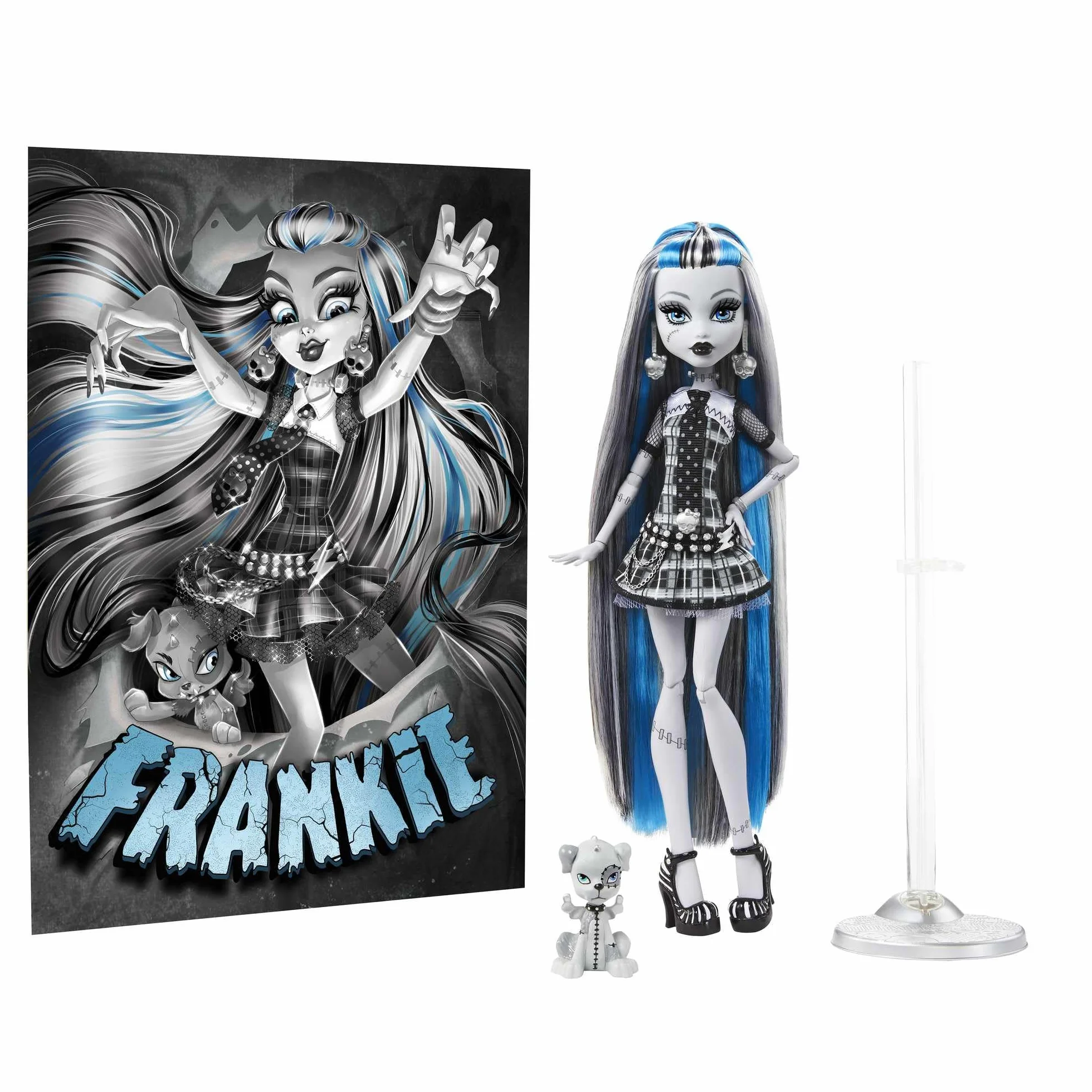 Monster High Reel Drama Straszny Seans Frankie Stein Lalka kolekcjonerska w czarno-białym stroju z motywem filmowym oraz miniplakatem i dużym plakatem, zabawka i prezent dla dzieci, HKN29