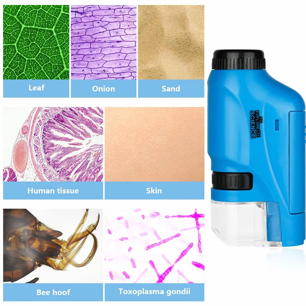 OSDUE Mikroskop Kieszonkowy dla Dzieci, Przenośny 60x-120x Mini Zoom z Podświetleniem LED, Zabawka Edukacyjna, Prezent dla Uczniów i Przedszkolaków