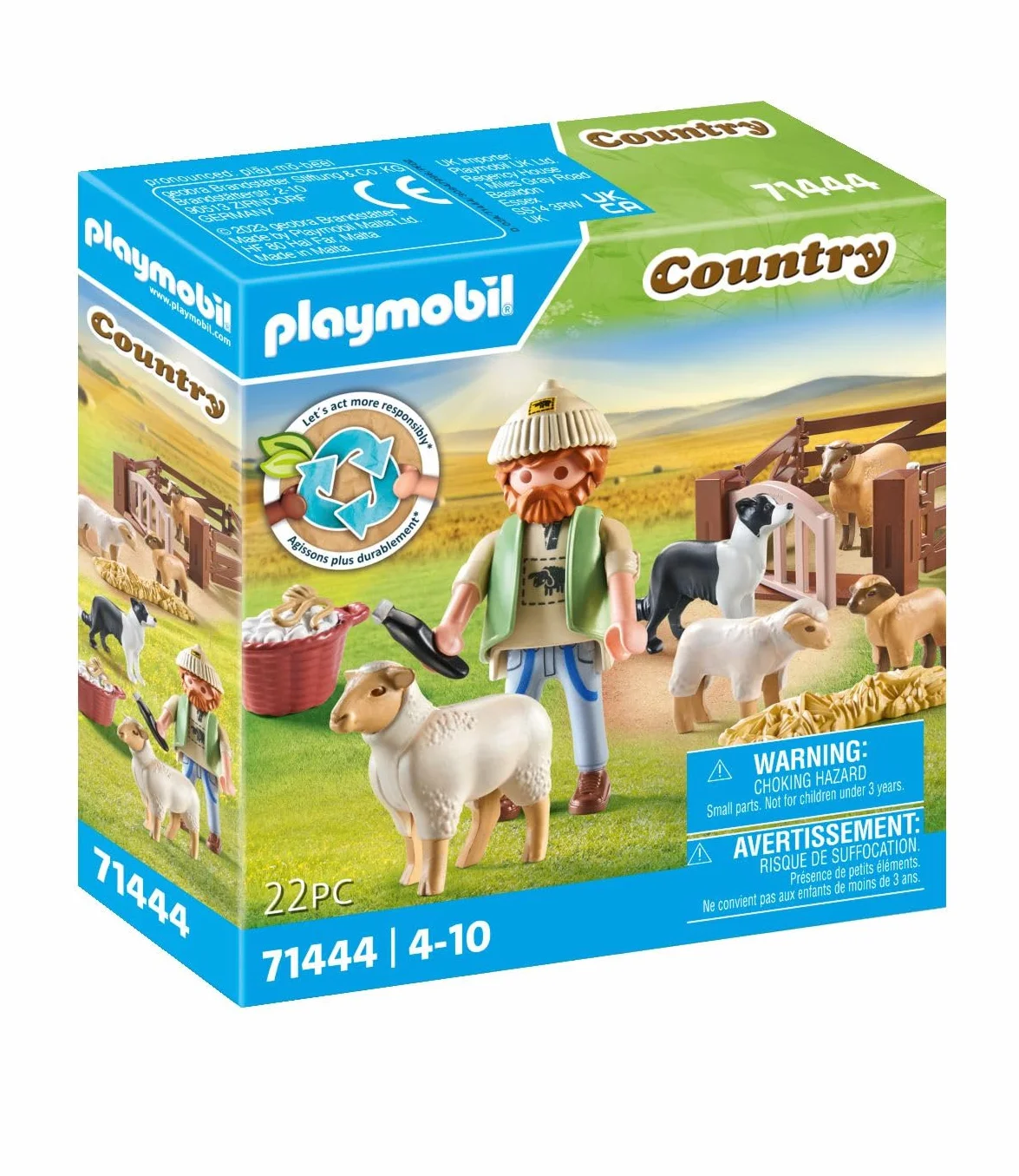 PLAYMOBIL Country 71444 Młody owczarz z owcami, border collie, maszynką do strzyżenia owiec i słomą. Zabawne i pomysłowe odgrywanie ról, zabawki dla dzieci w wieku od 4 roku życia