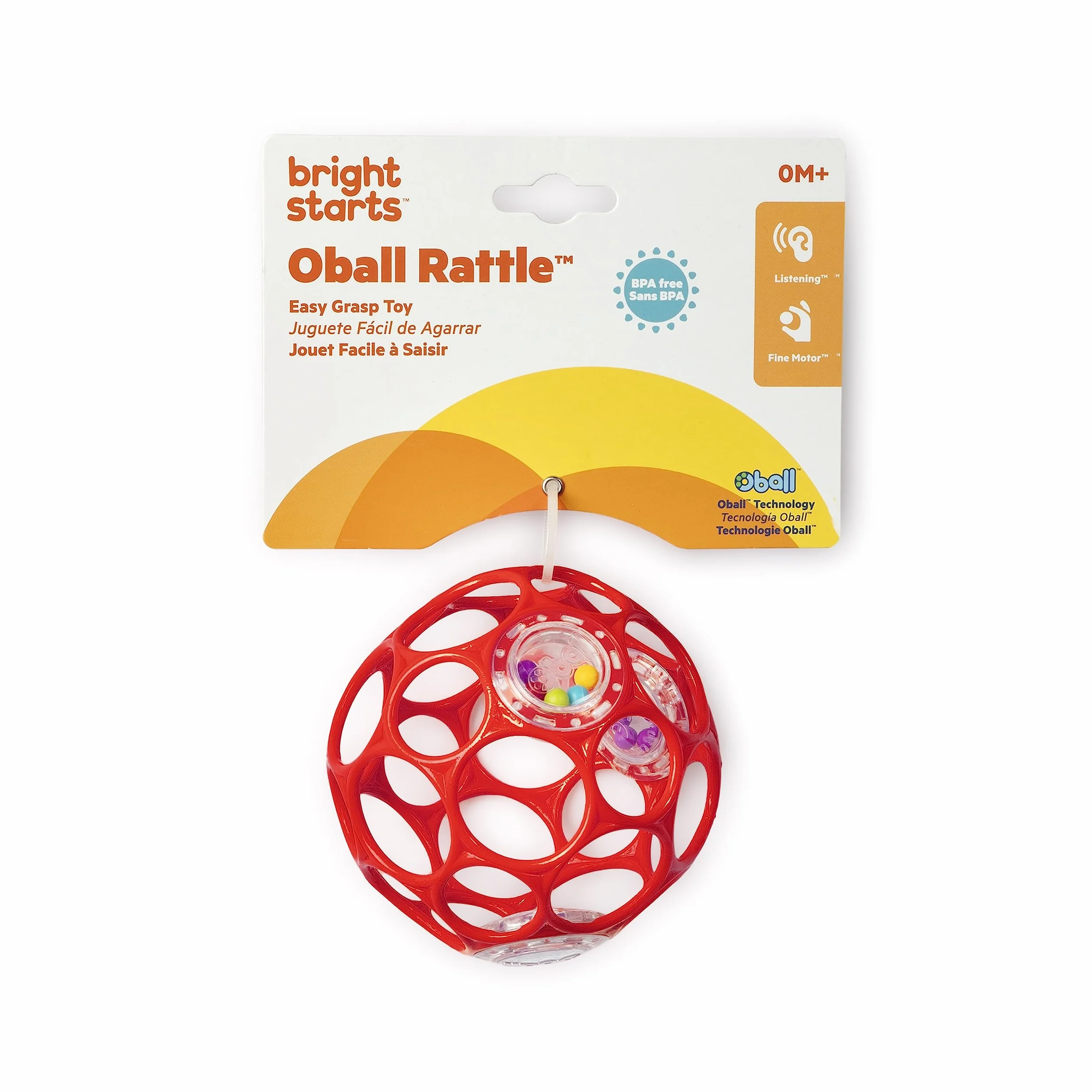 Bright Starts Oball Easy-Grasp grzechotka bez BPA zabawka dla niemowląt w kolorze czerwonym, wiek noworodka i więcej, 10 cm