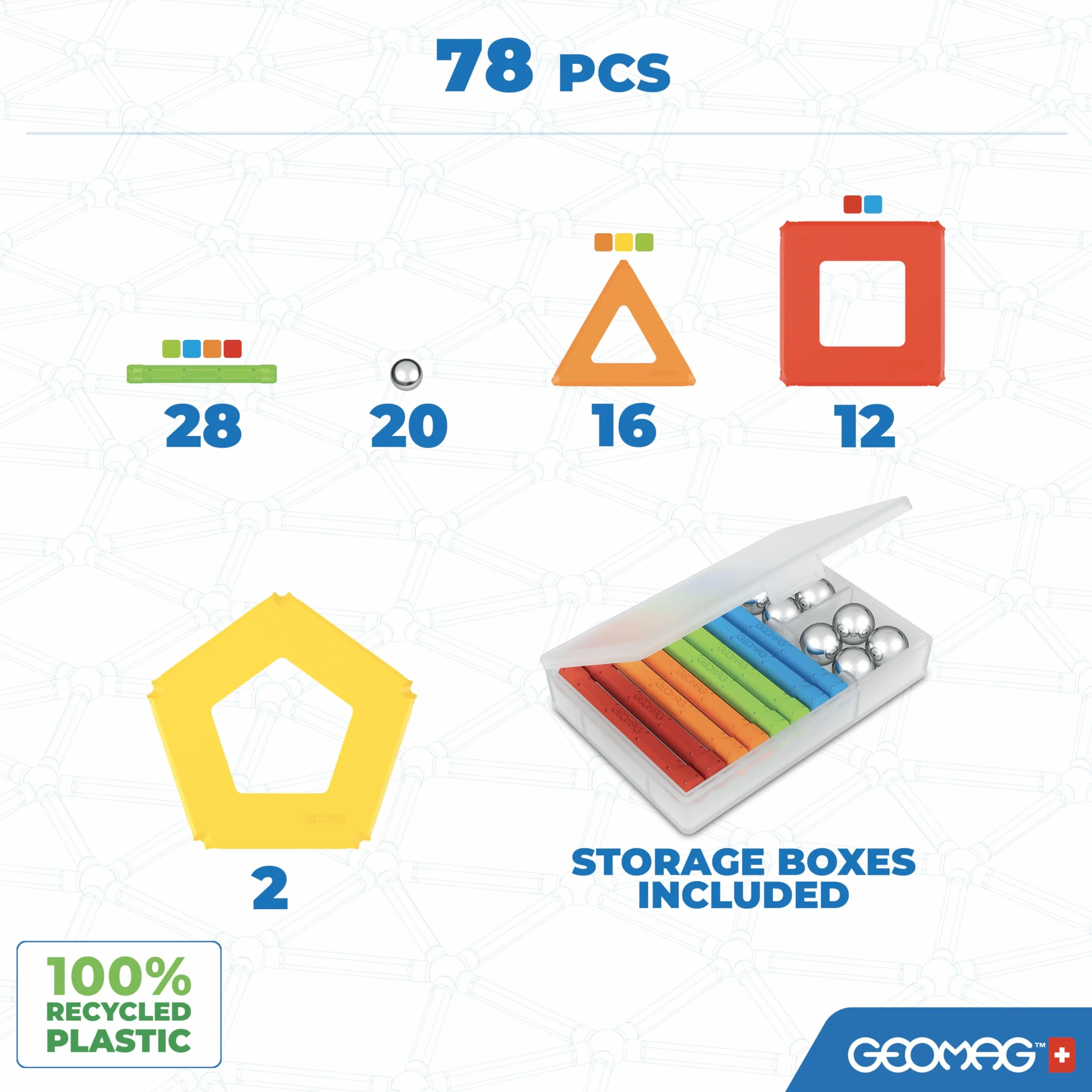 Geomag - Supercolor - Superkolorowe Magnetyczne Klocki dla Dzieci, Zabawka Magnetyczna, Gra Edukacyjna, Green Collection, 100% Plastiku z Recyklingu, 78 sztuk
