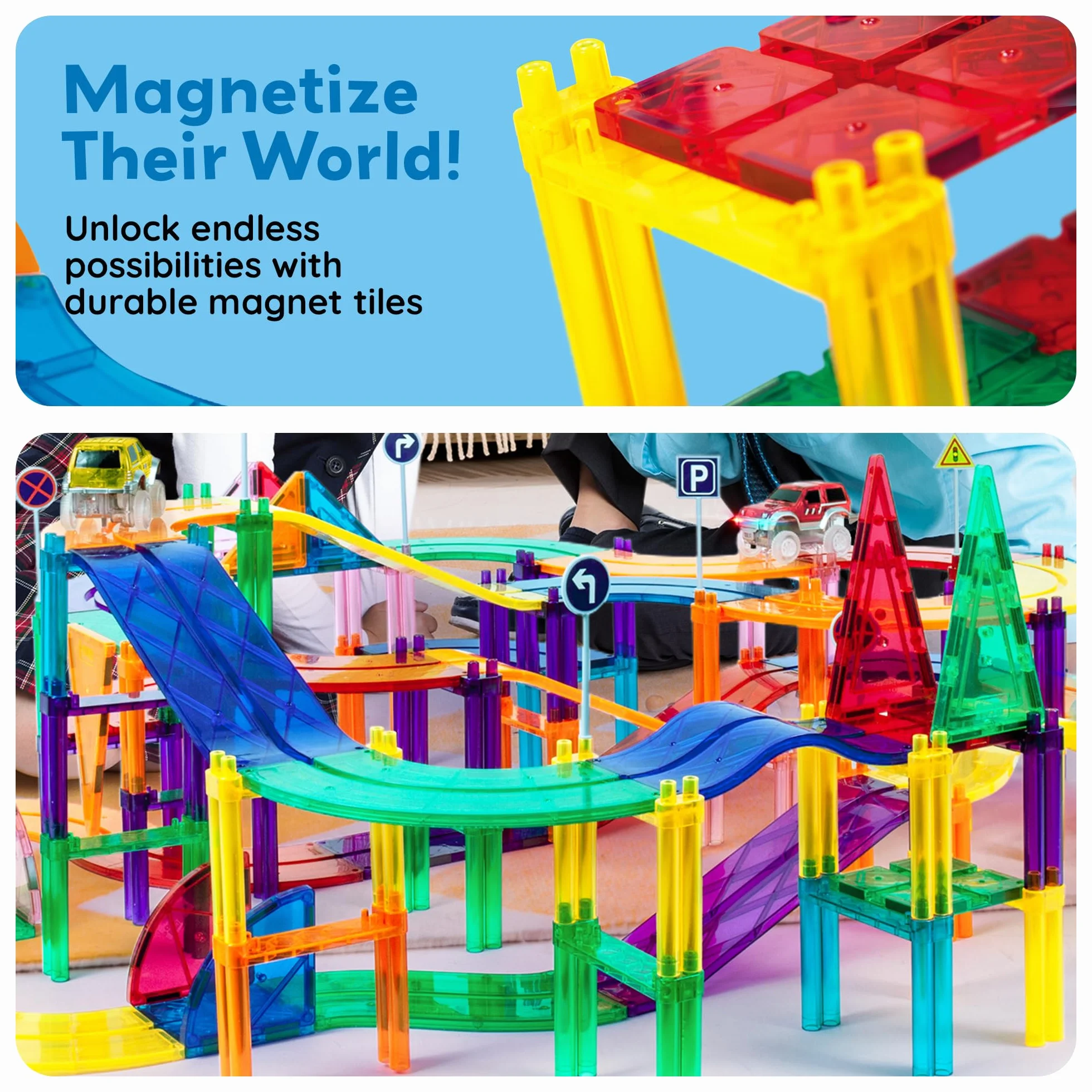 PicassoTiles Zestaw 128 magnetycznych zabawek wyścigowych dla dzieci, w zestawie 3 diody LED, do wyścigów wyścigowych, w wieku 3 lat