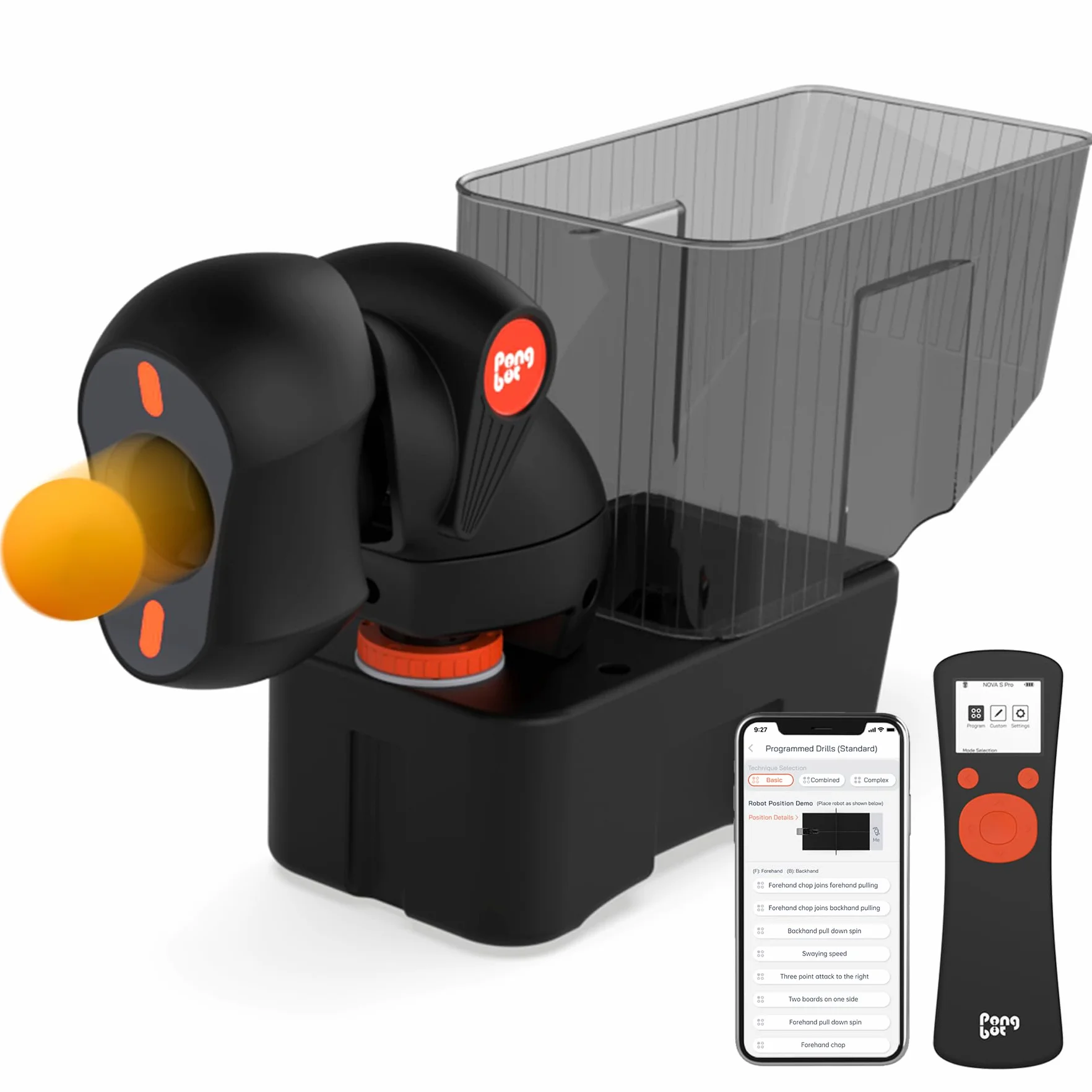 PongBot Robot do tenisa stołowego z pilotem i sterowaniem aplikacją, 264 ćwiczenia, konfigurowalny obrót, częstotliwość, prędkość piłki i intensywność obrotu