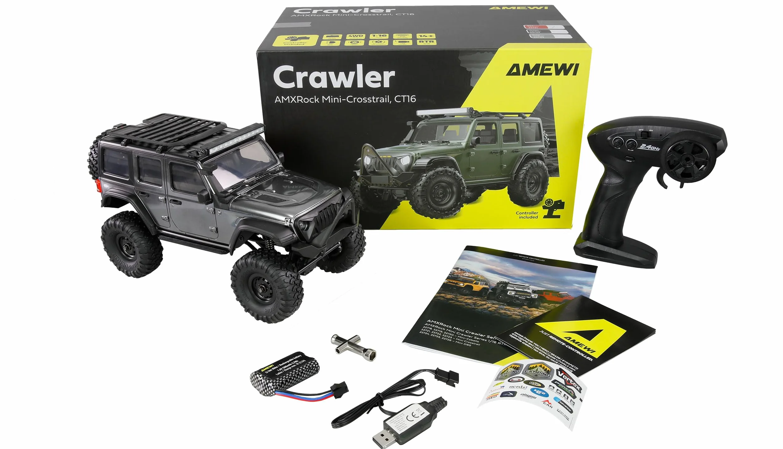 Amewi AMXRock Mini-Crosstrail Scale Crawler 4WD 1:16 RTR szary wraz z pilotem zdalnego sterowania, akumulatorem, kablem do ładowania