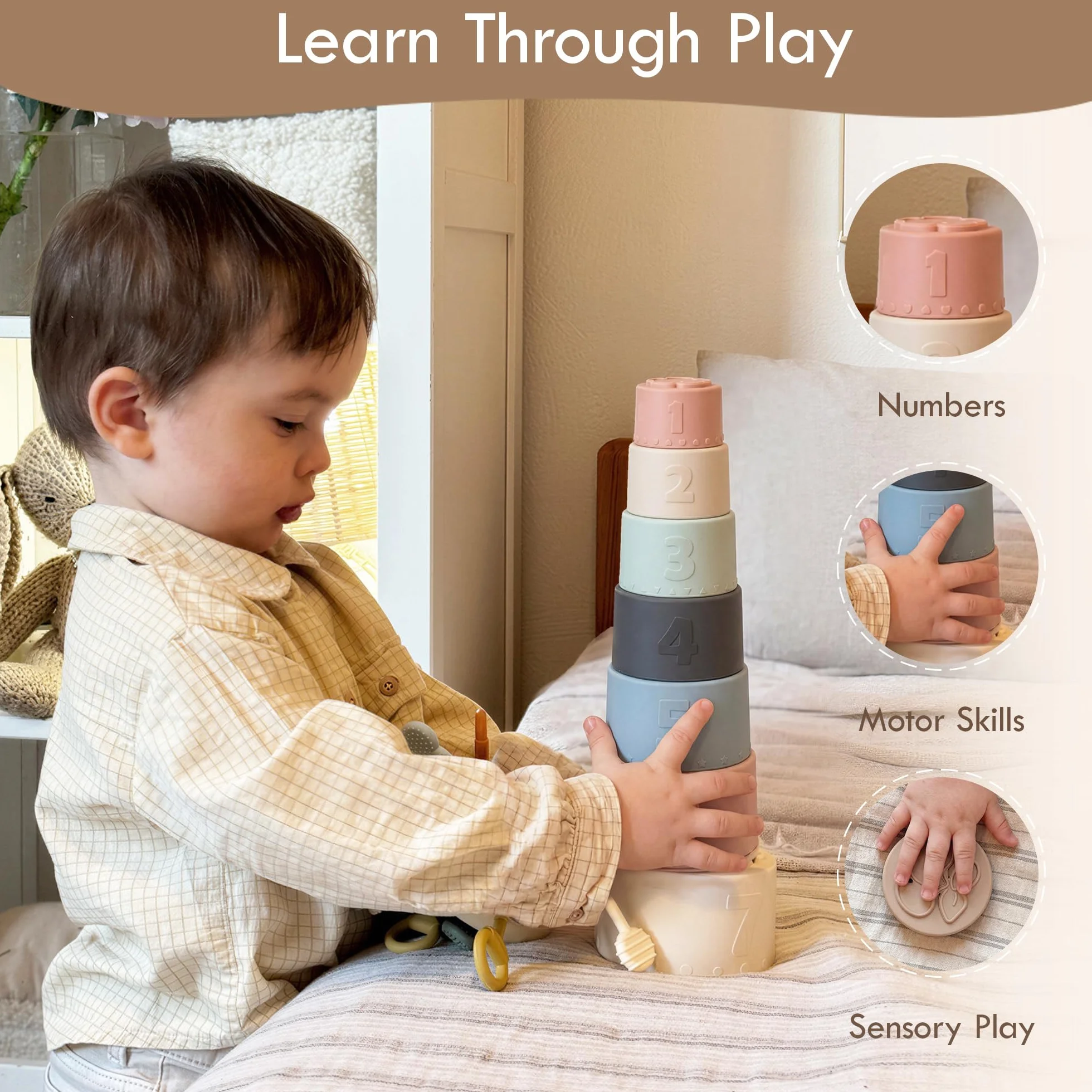 Moonkie Baby Stacking Cups Toy, zabawna edukacja układa kubka silikonowa zabawka dźwiękowa (Fine Day)