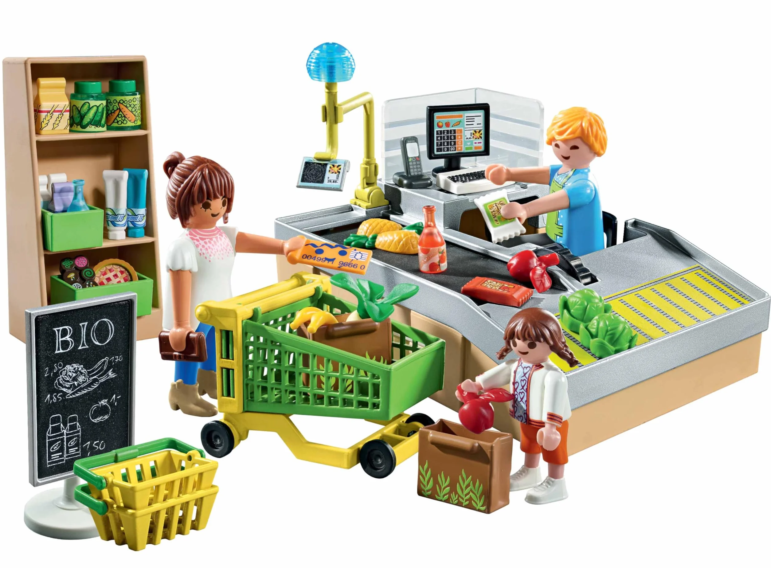 PLAYMOBIL MyLife Promo Pack 71648 Ekologiczny supermarket, zestaw z serii Promo Packs, w zestawie kasa sklepowa z taśmą, wózek na zakupy oraz trzy figurki, zestaw odpowiedni dla dzieci od 4 roku życia