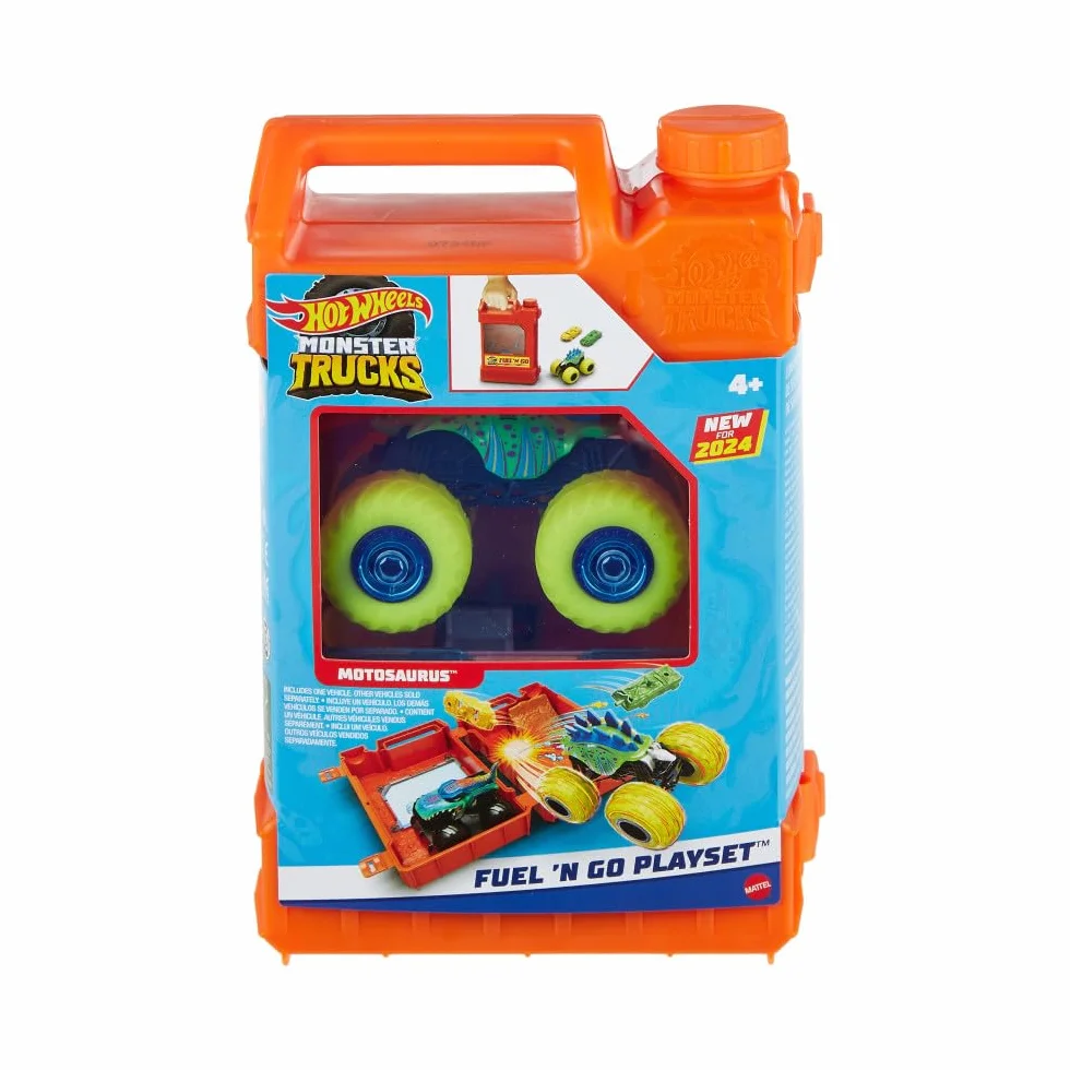 Hot Wheels Monster Trucks „Tankuj i jedź” Zabawkowy kanister przekształcający się w zestaw kaskaderski, z pojazdem Motosaurus w skali 1:64 i 2 autkami do „zgniatania”, HXT04