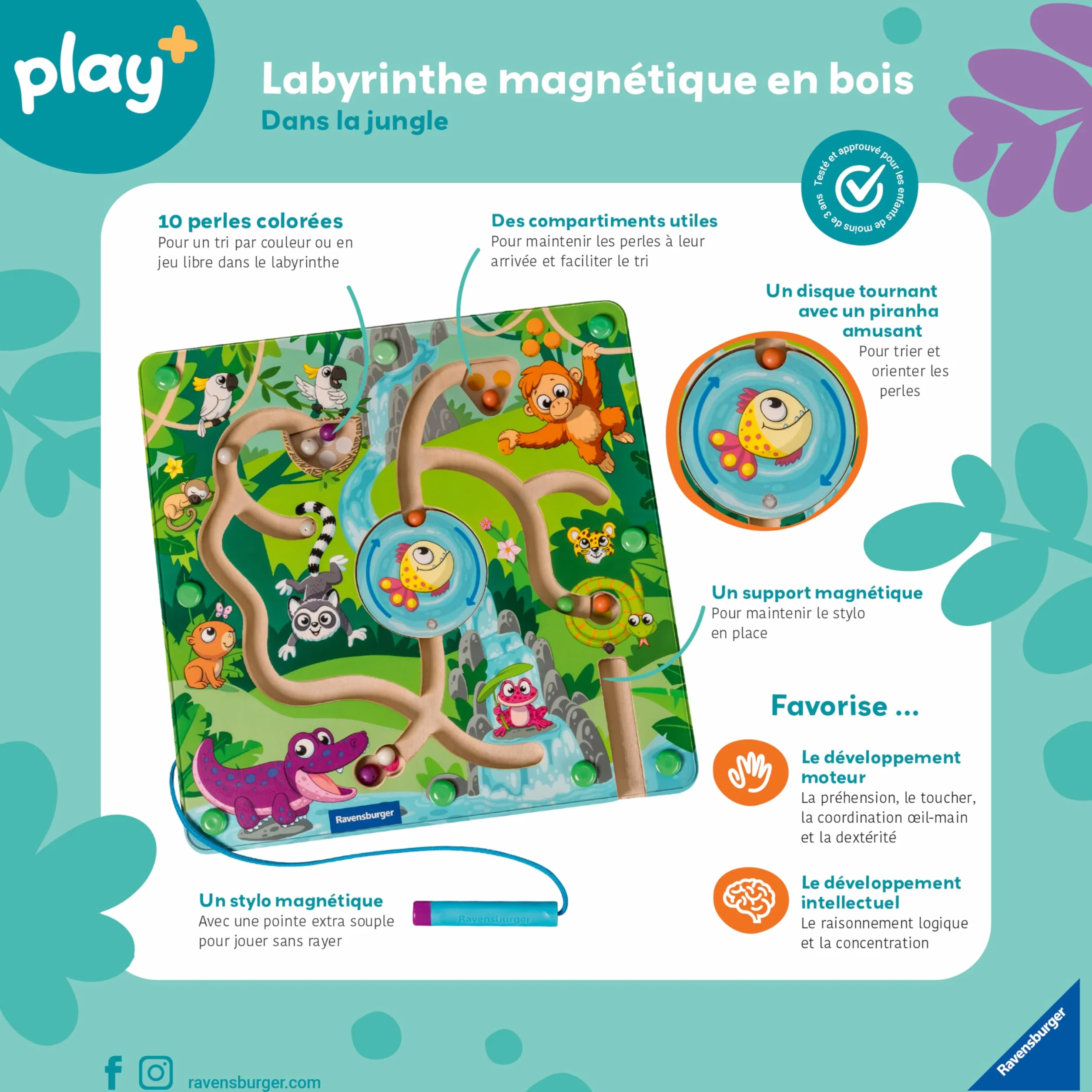 Ravensburger -Play + - Drewniany Labirynt magnetyczny w dżungli - Od 18 miesięcy - Wersja francuska - 34018