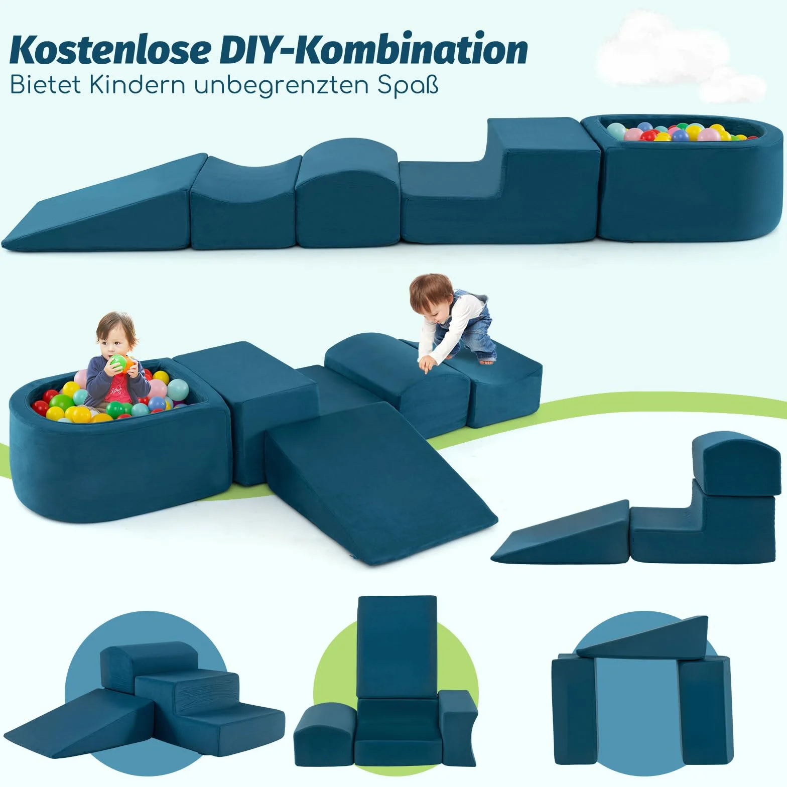 COSTWAY 5-częściowy zestaw klocków z pianki, ogromne klocki z basenem z piłkami, duże klocki do szaleństwa i wspinaczki, miękkie klocki (niebieskie)