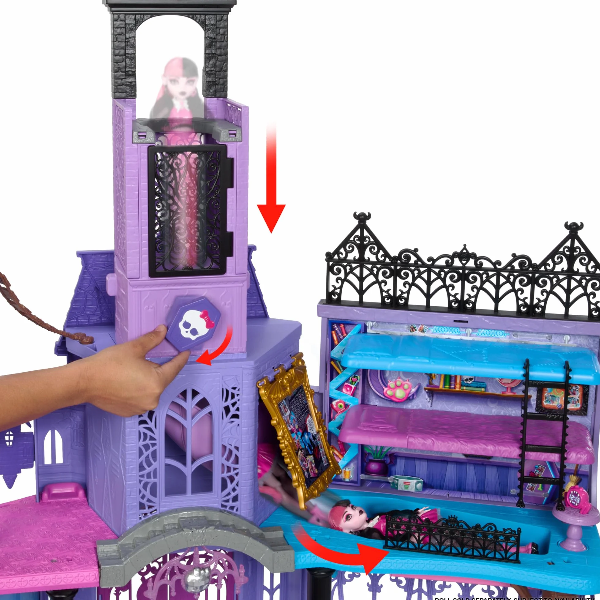 Monster High Szkoła Monster High Straszyceum Domek dla lalek Zabawka Zestaw dla dzieci w wieku od 4 lat z 7 obszarami zabawy i ponad 35 elementami, takimi jak mebelki i akcesoria, HLP88
