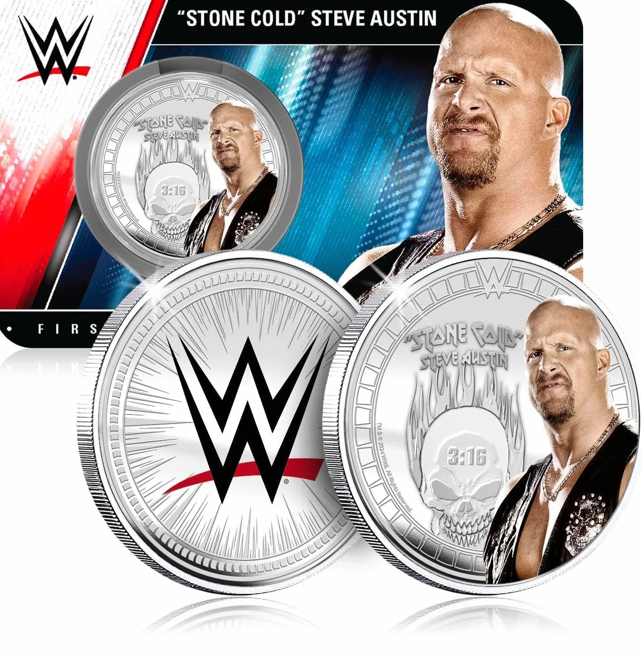 FANTASY CLUB Stone Cold Steve Austin WWE 32 mm Oficjalna moneta kolekcjonerska - hołd dla Rattlesnake i 6-krotny mistrz świata - edycja limitowana dla fanów i kolekcjonerów